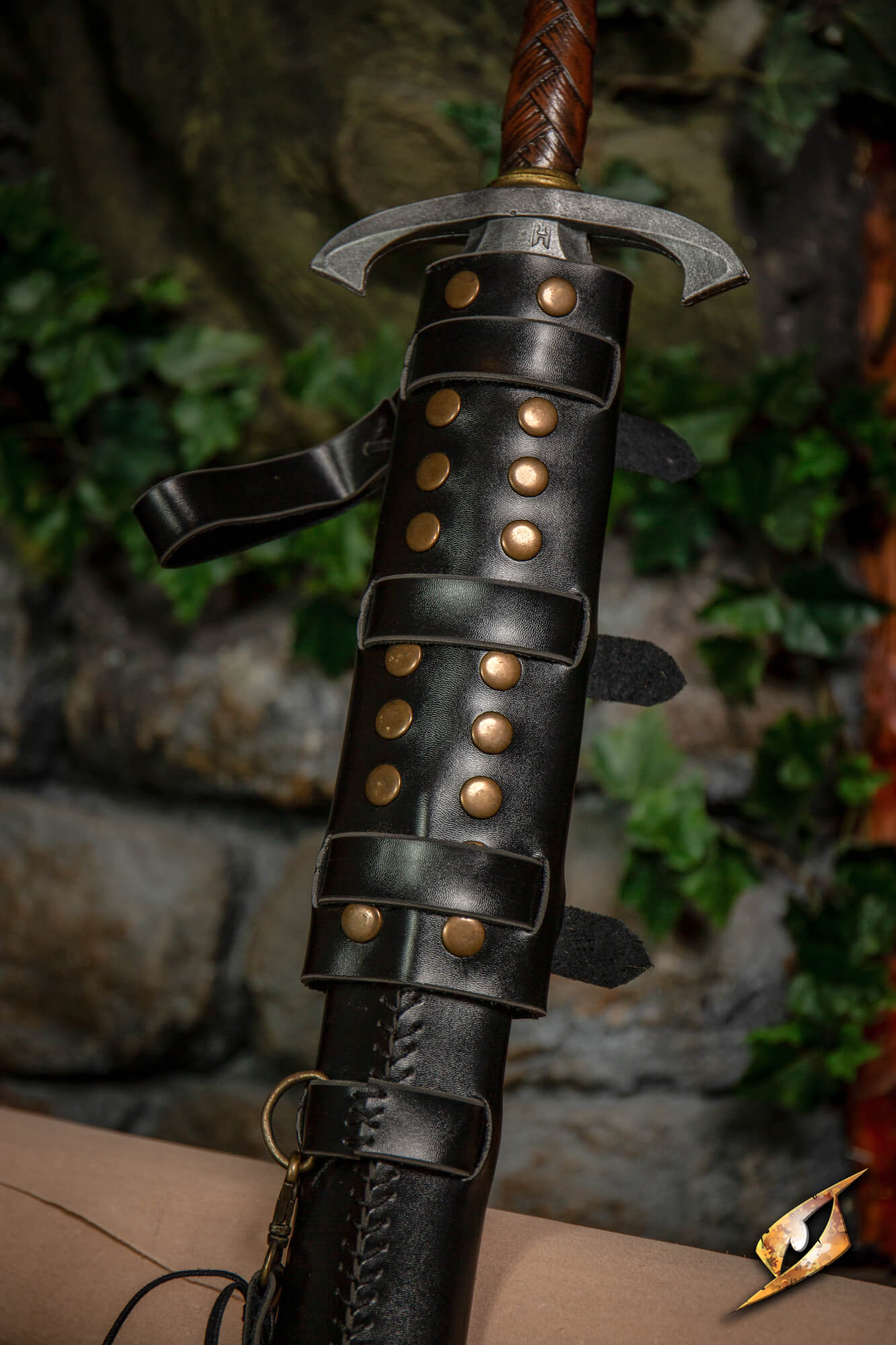 Adjustable Scabbard - Faux Leather with decorative studs and straps, designed for versatile blade fitting.
