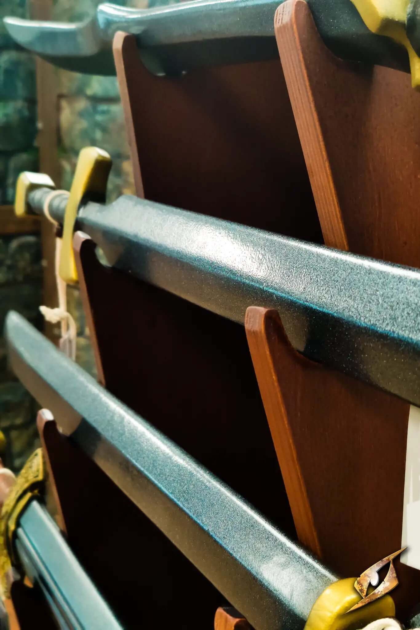 Weapons Rack displaying multiple LARP swords and weapons in a stylish, wooden finish