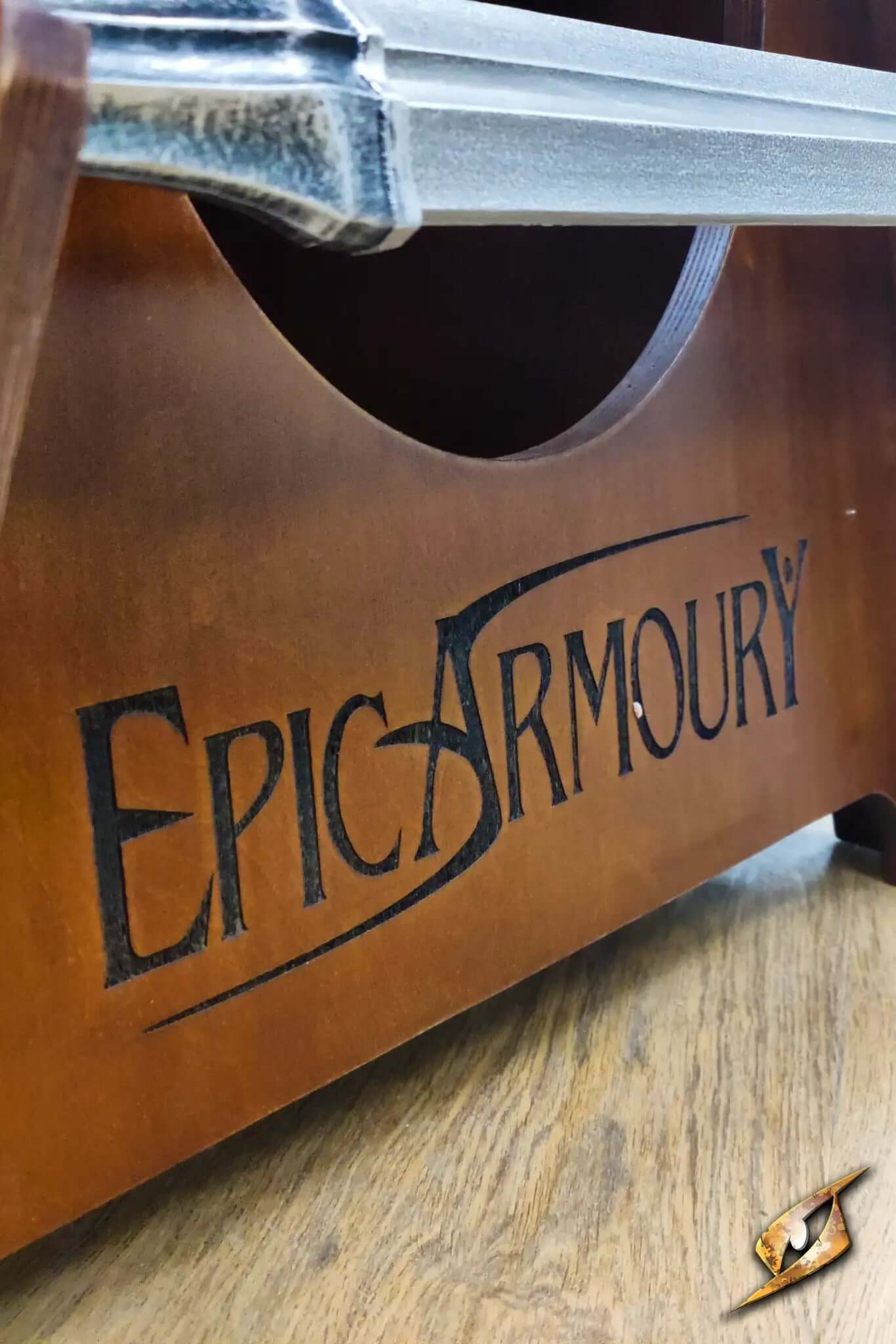 Close-up of the Weapons Rack by Epic Armoury showcasing the rich wood finish and sturdy design.