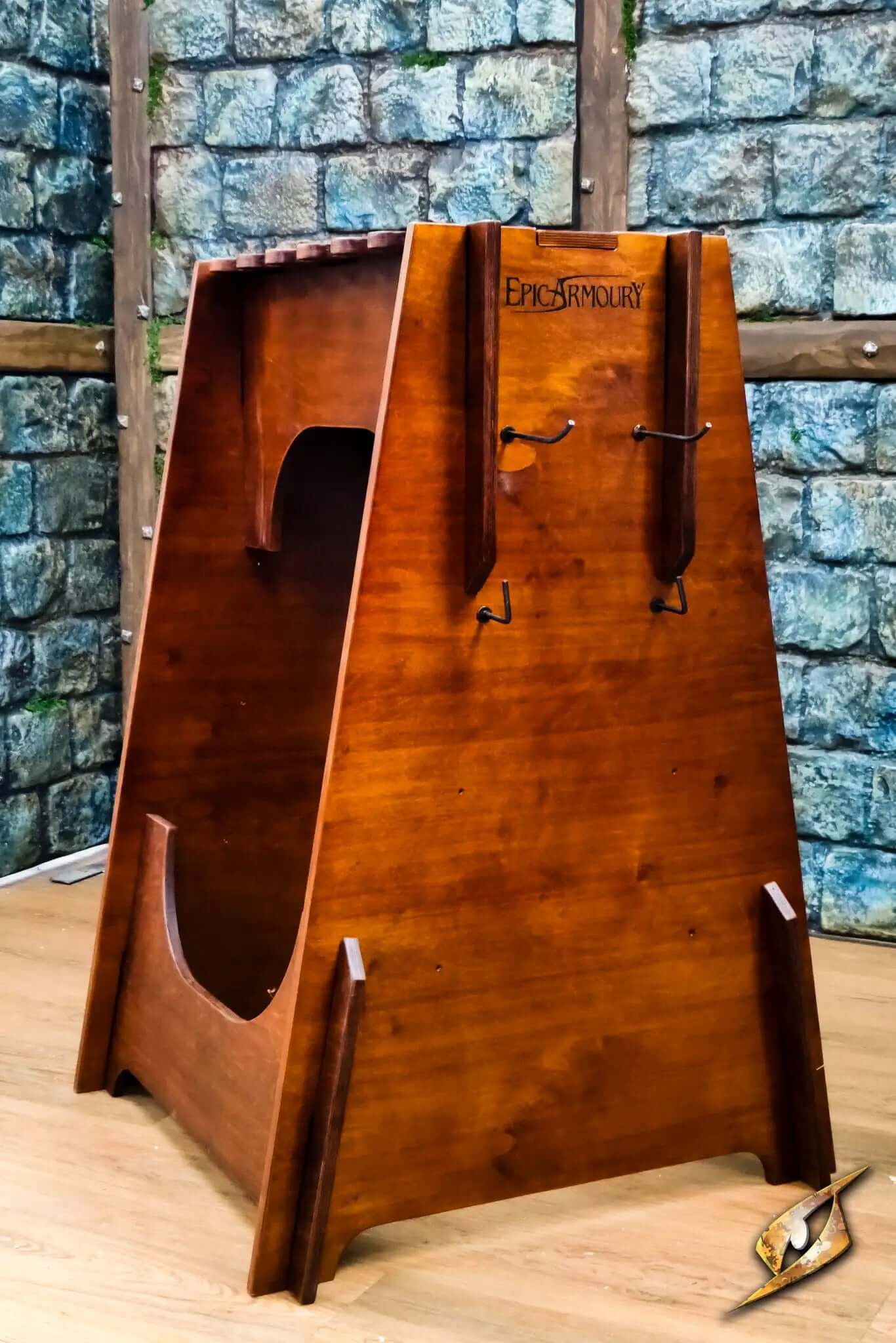 Polearms Rack designed for displaying two-handed weapons like greatswords and spears, featuring a rustic wood finish.