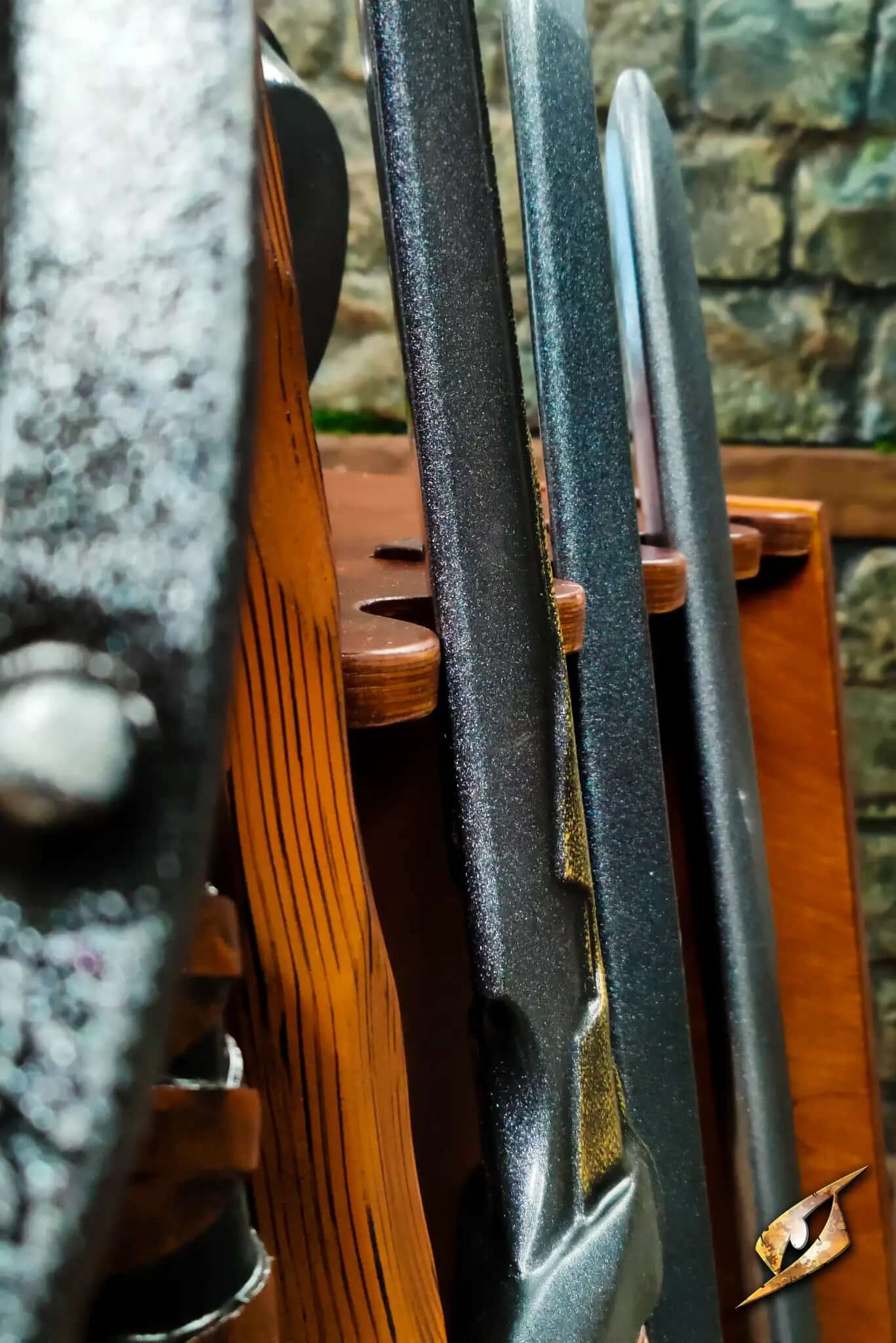 Polearms Rack displaying various two-handed weapons, including spears and swords, in a robust wooden storage solution.
