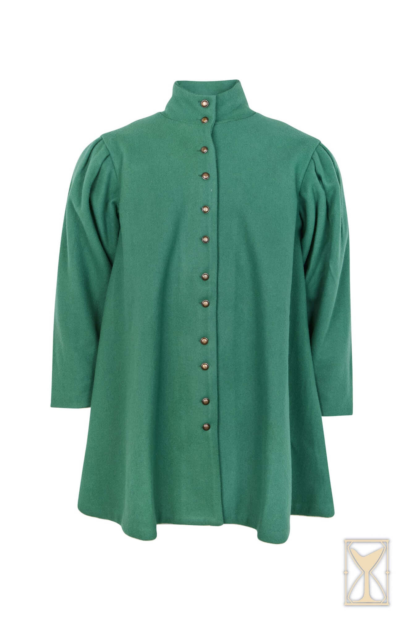Surcoat Lorenzo featuring a sharp shape and multiple rows of buttons in a green fabric design.