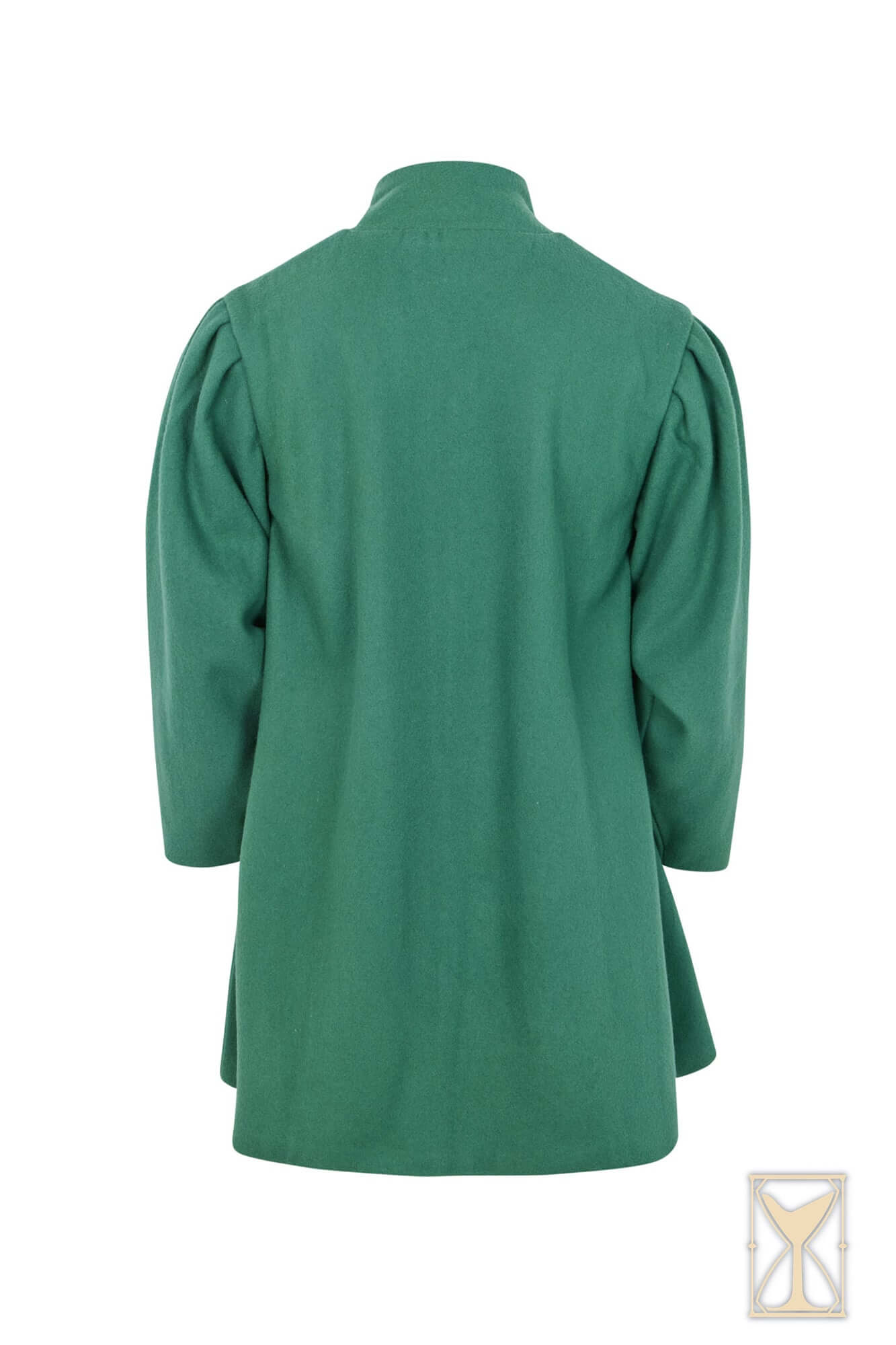 Back view of Surcoat Lorenzo, featuring a green fabric with wide sleeves, showcasing a regal medieval design.