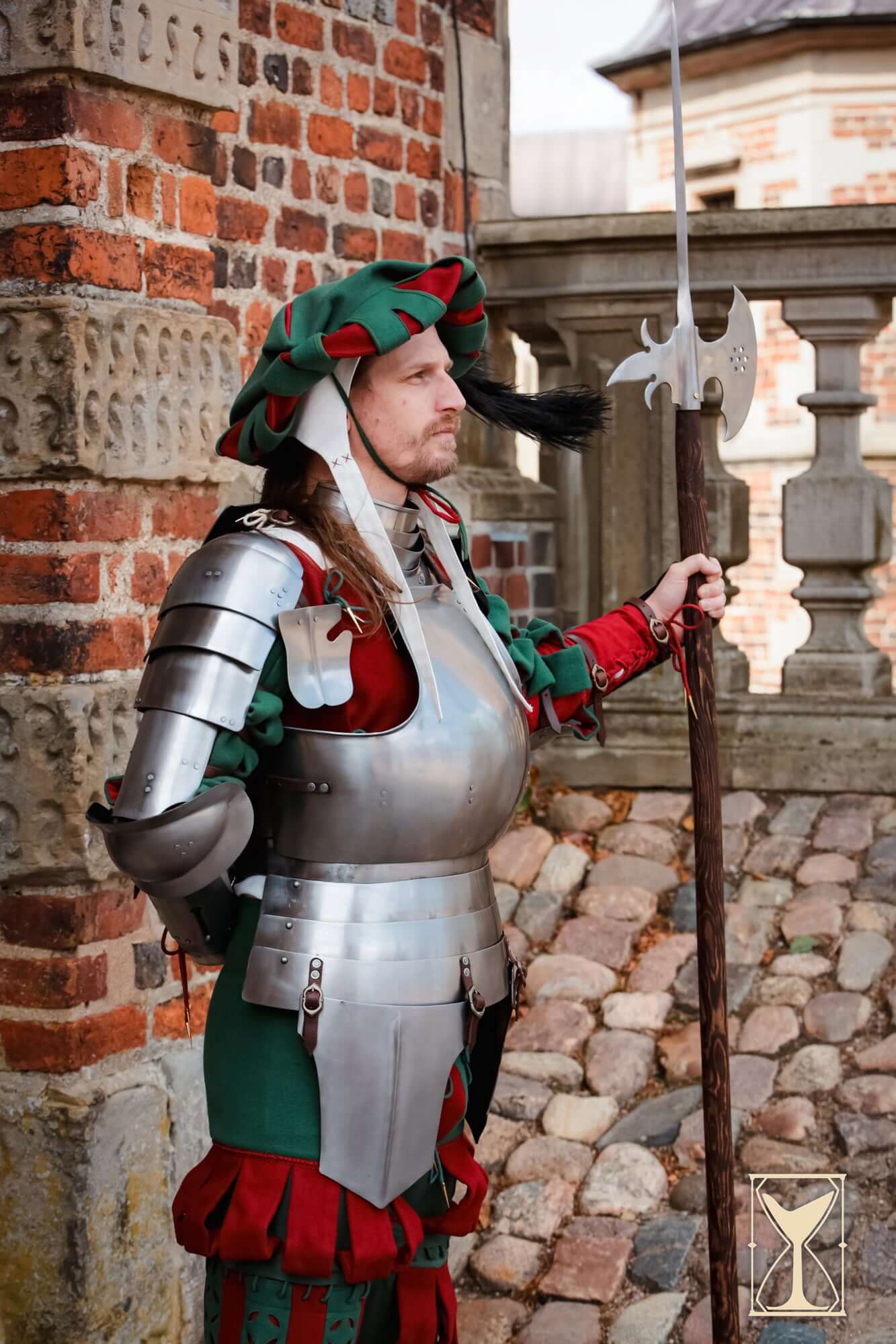 Landsknecht Cuirass - 1.6mm - Yoremade worn by a soldier, showcasing historical armor design and traditional German attire.