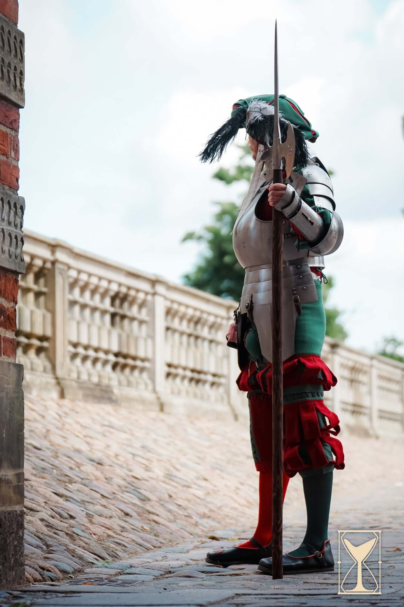 Landsknecht Vambraces - 1.6mm - Yoremade worn by a historical reenactor with spear.
