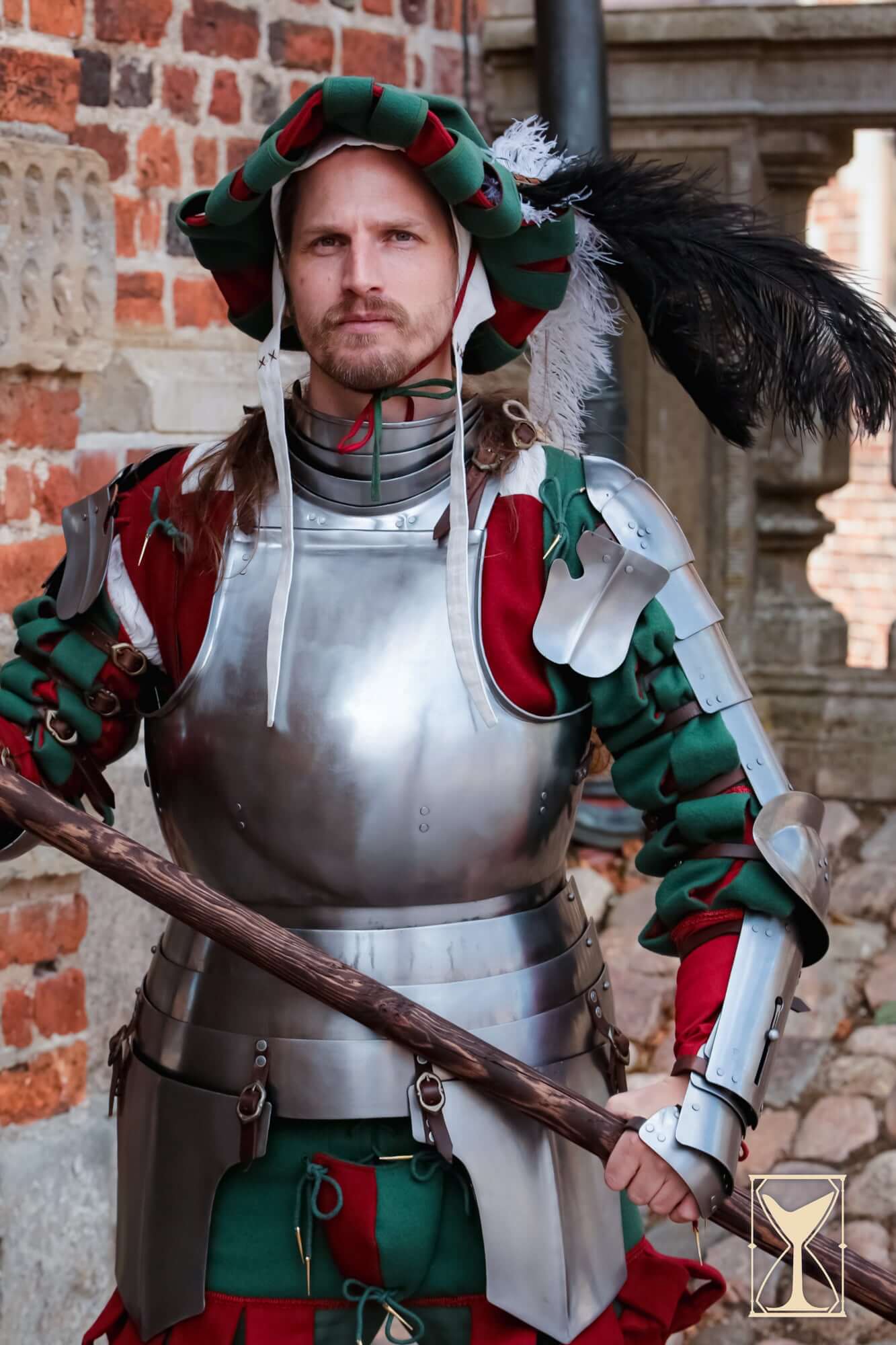 Landsknecht Spaulder - 1.6mm - Yoremade worn by a historical reenactor showcasing its distinct silhouette.