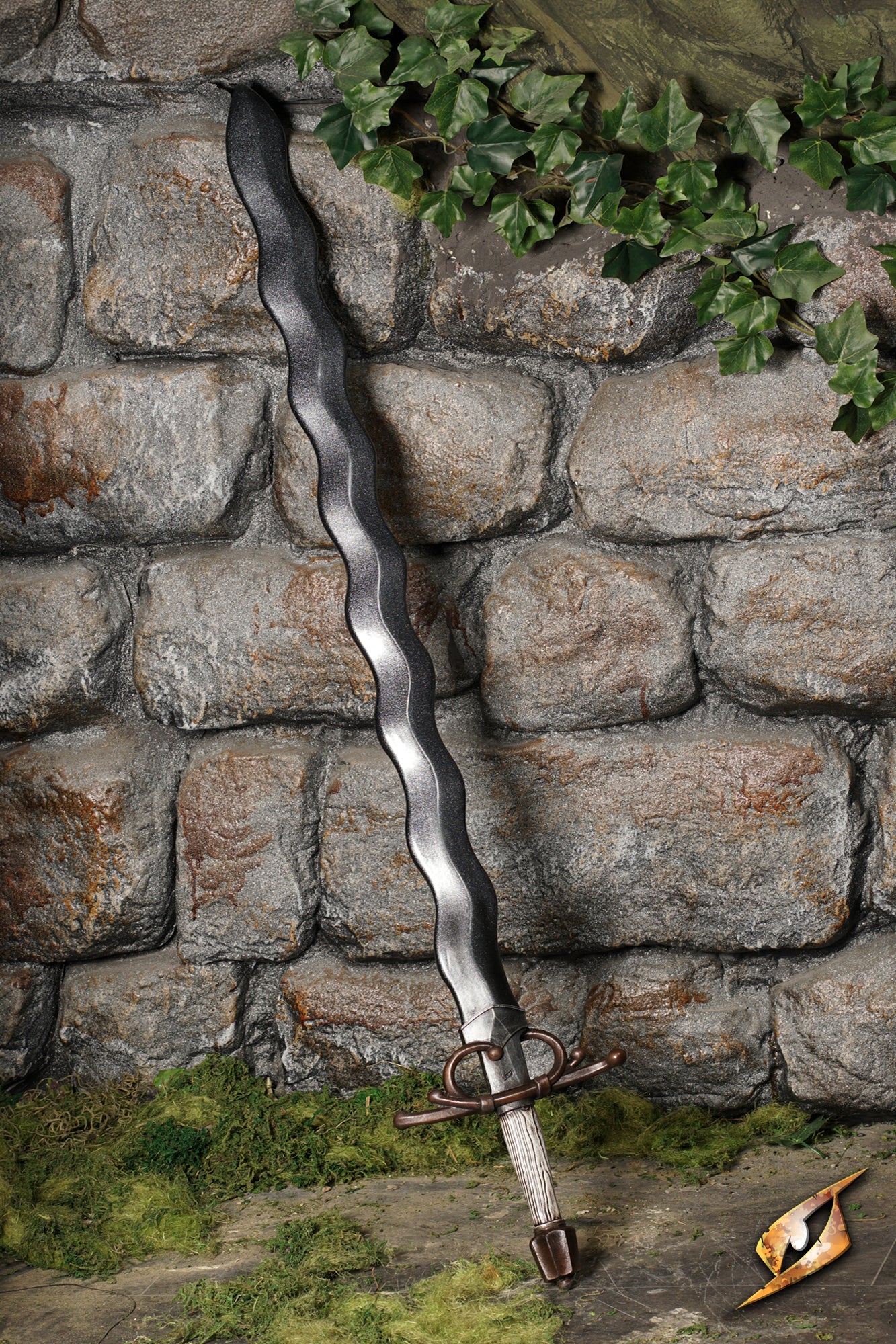 Noble Flamberge displayed against a stone wall, showcasing its flame-shaped blade and intricate swept hilt.