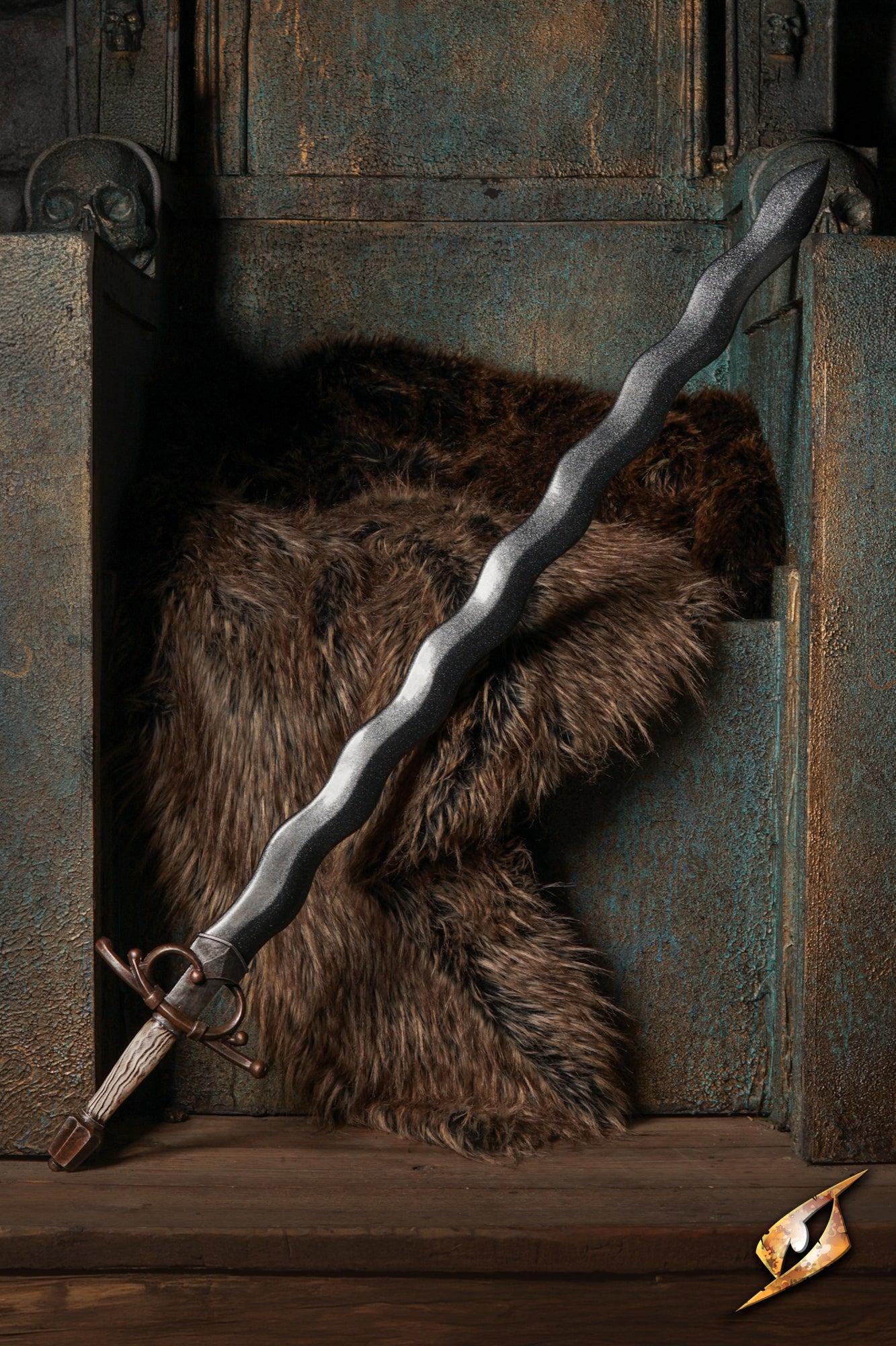 Noble Flamberge elegantly displayed on a rustic surface, showcasing its flame-shaped blade and sculpted hilt.