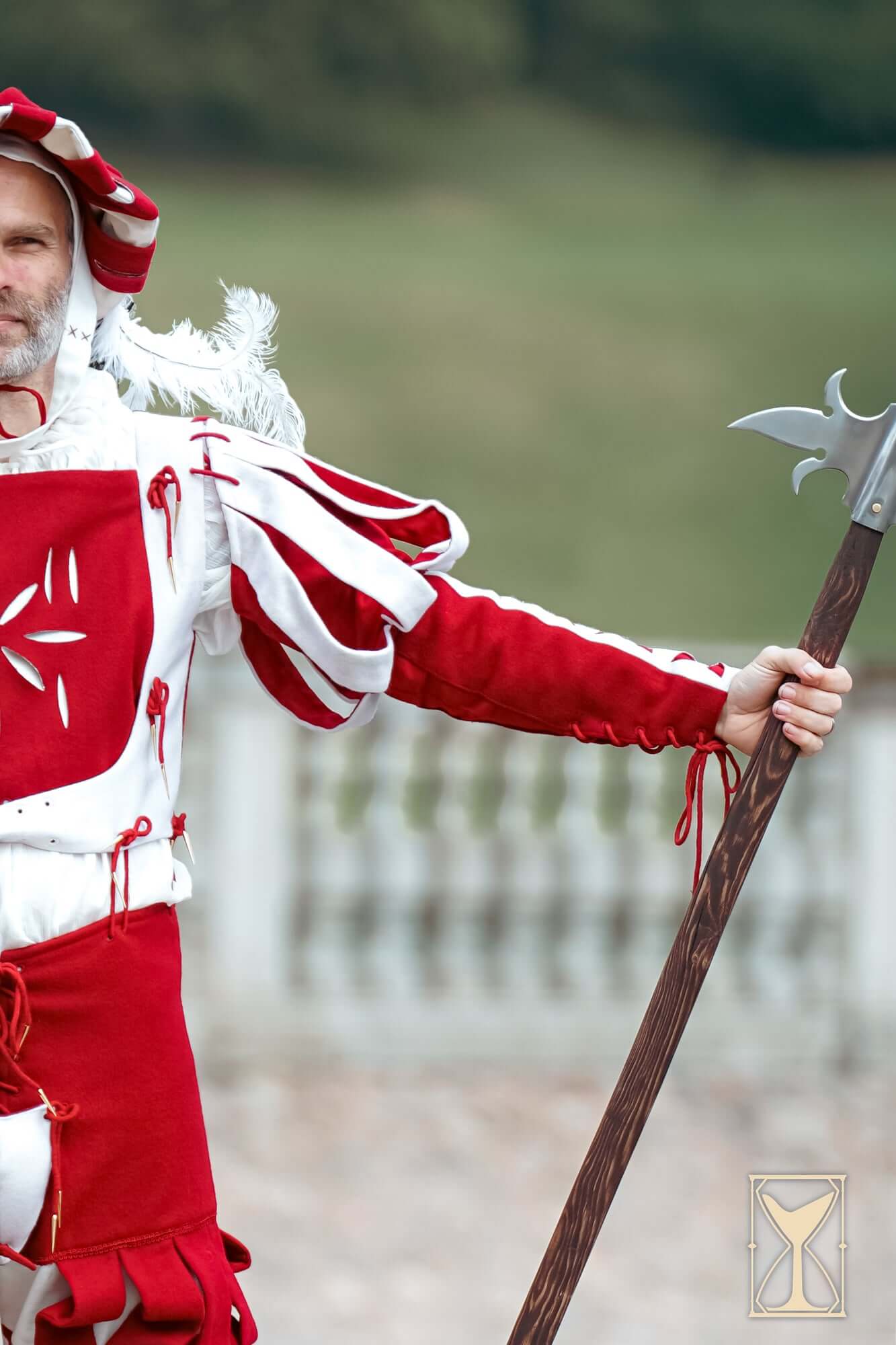 Landsknecht Bloom Sleeve worn by a performer, showcasing puffed design and intricate details of the medieval costume.