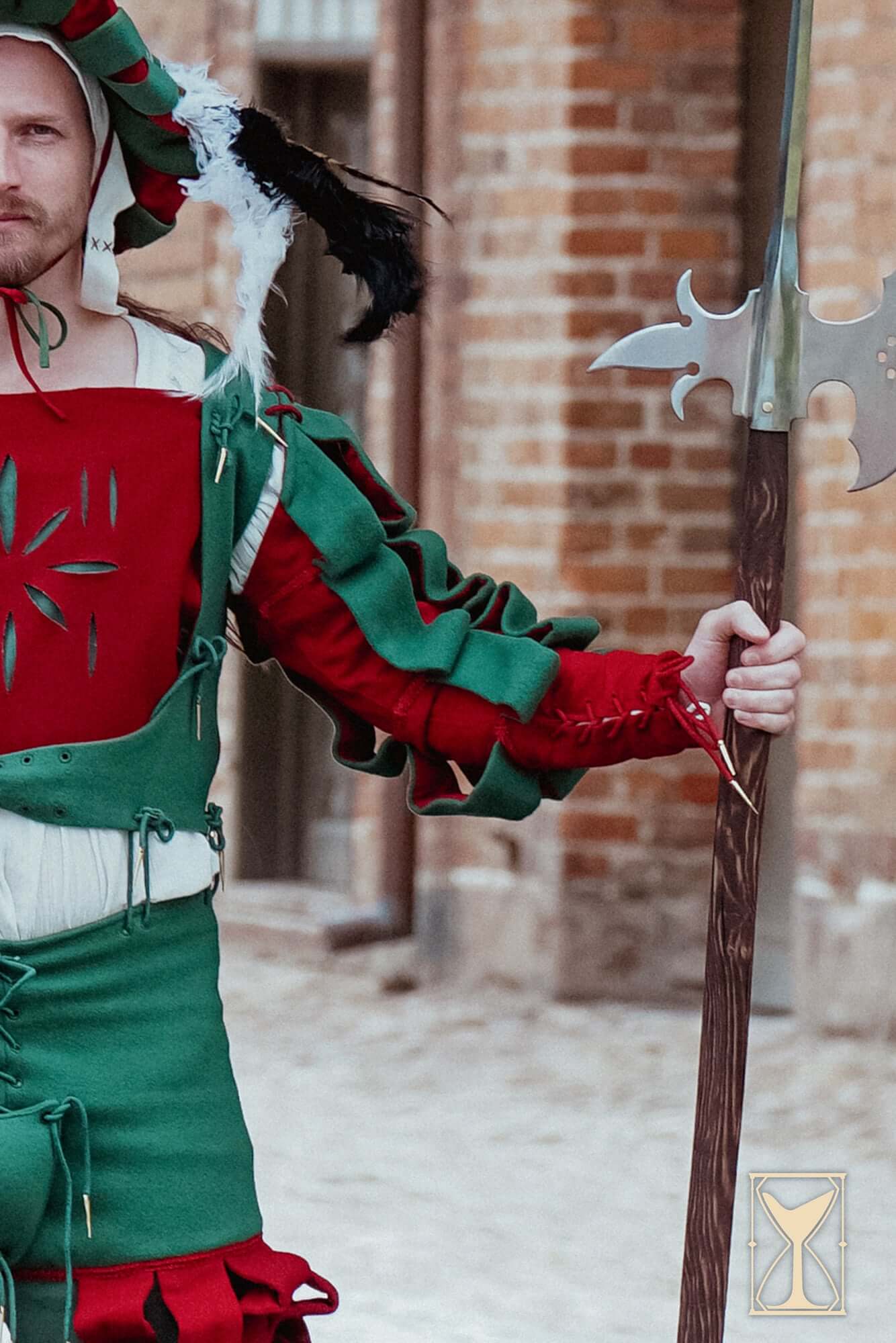 Landsknecht Waterfall Sleeve worn by a character holding a weapon, showcasing vibrant colors and historical detail.