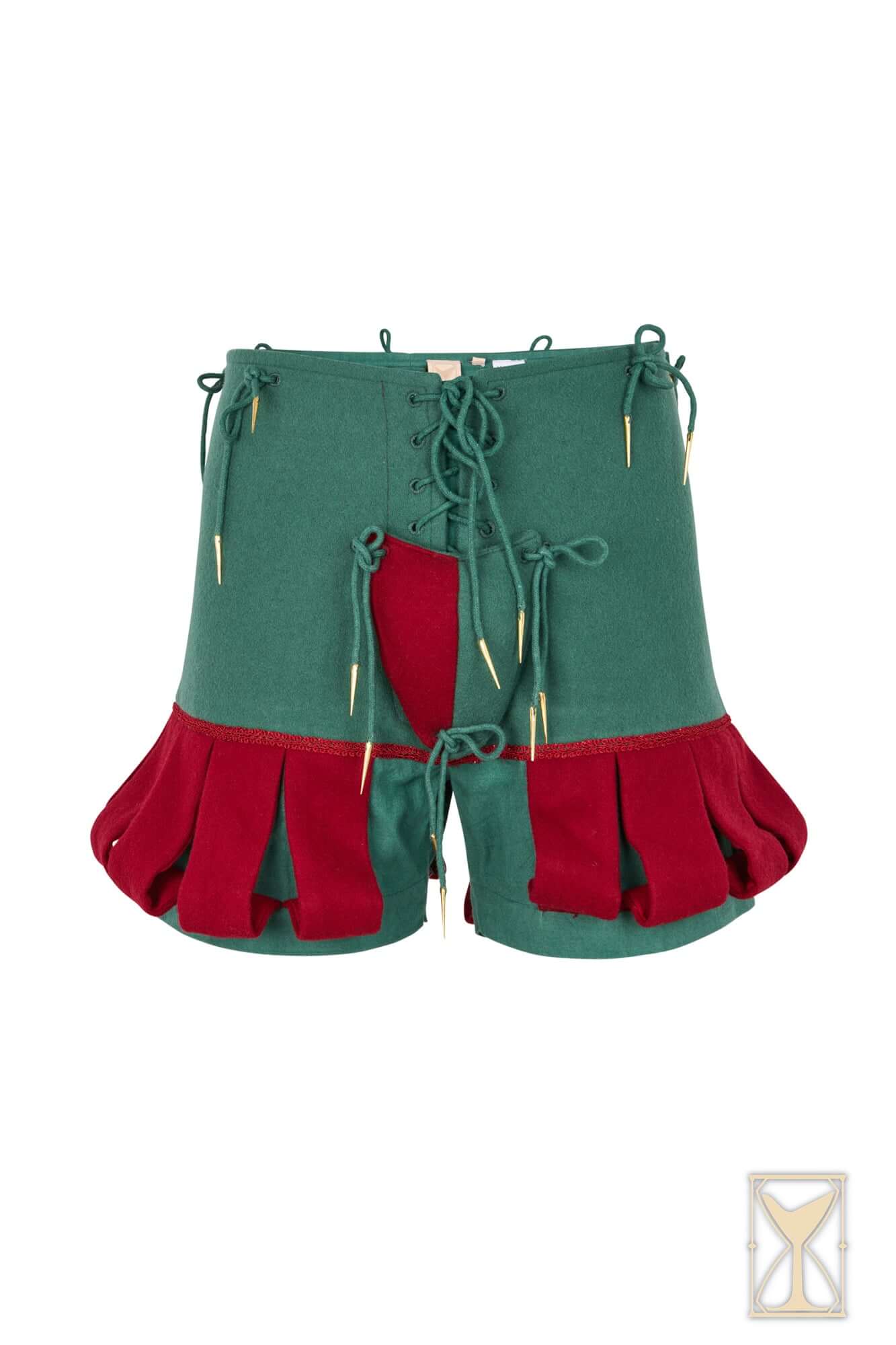 Landsknecht Breeches showcasing two-tone green and red fabric with slashes and a ruffled design, perfect for Renaissance style.