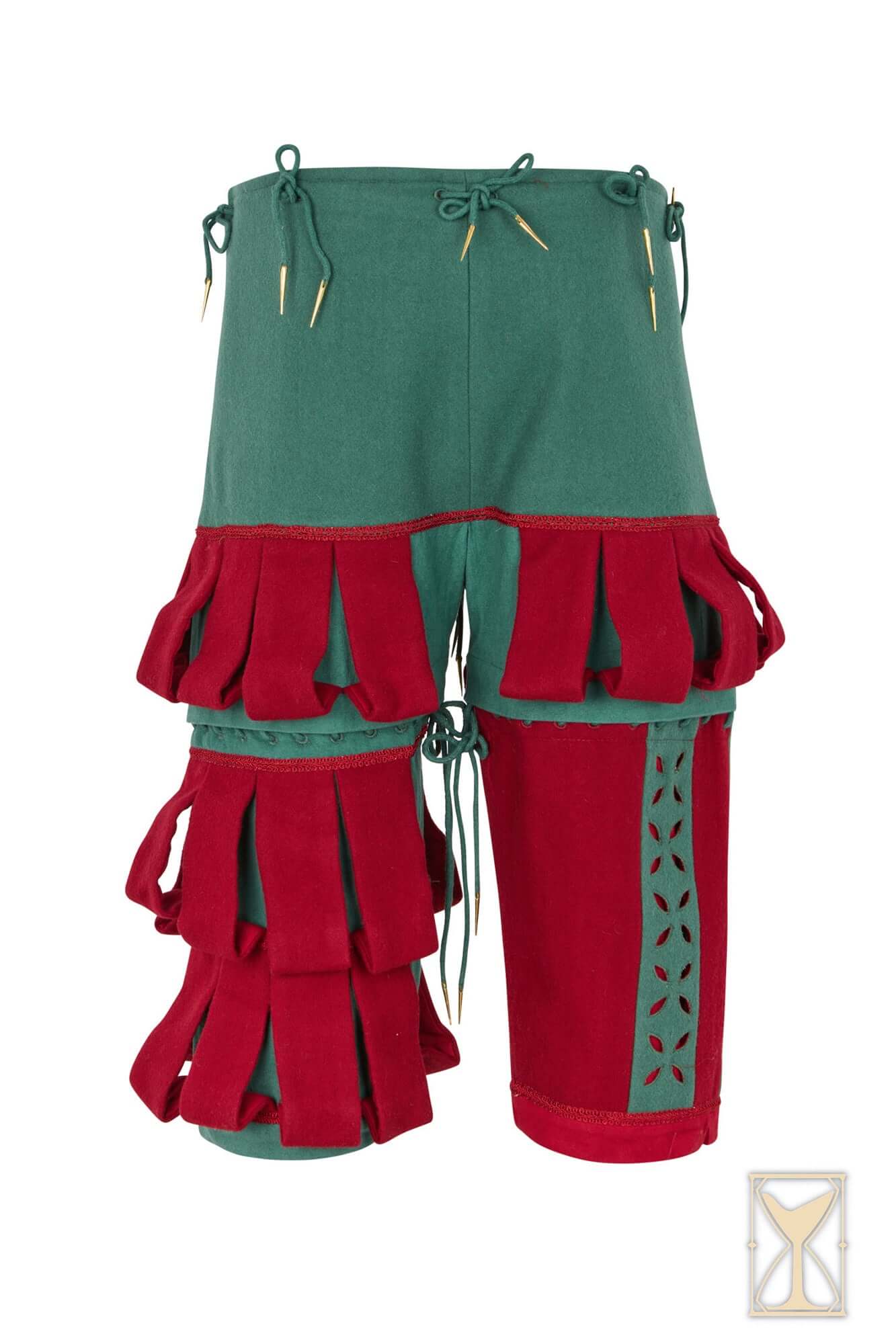 Landsknecht Breeches showcasing two-tone hues and 16th-century mercenary style with slashes and ruffles.