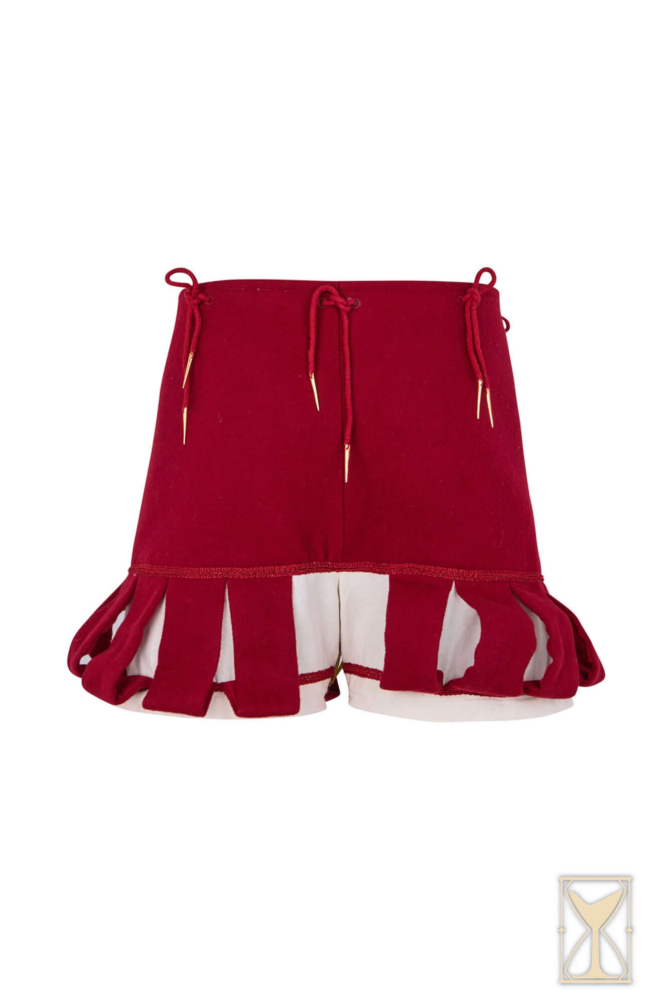 Landsknecht Breeches showcasing vibrant red fabric with slashes and flair, perfect for Renaissance-style outfits.