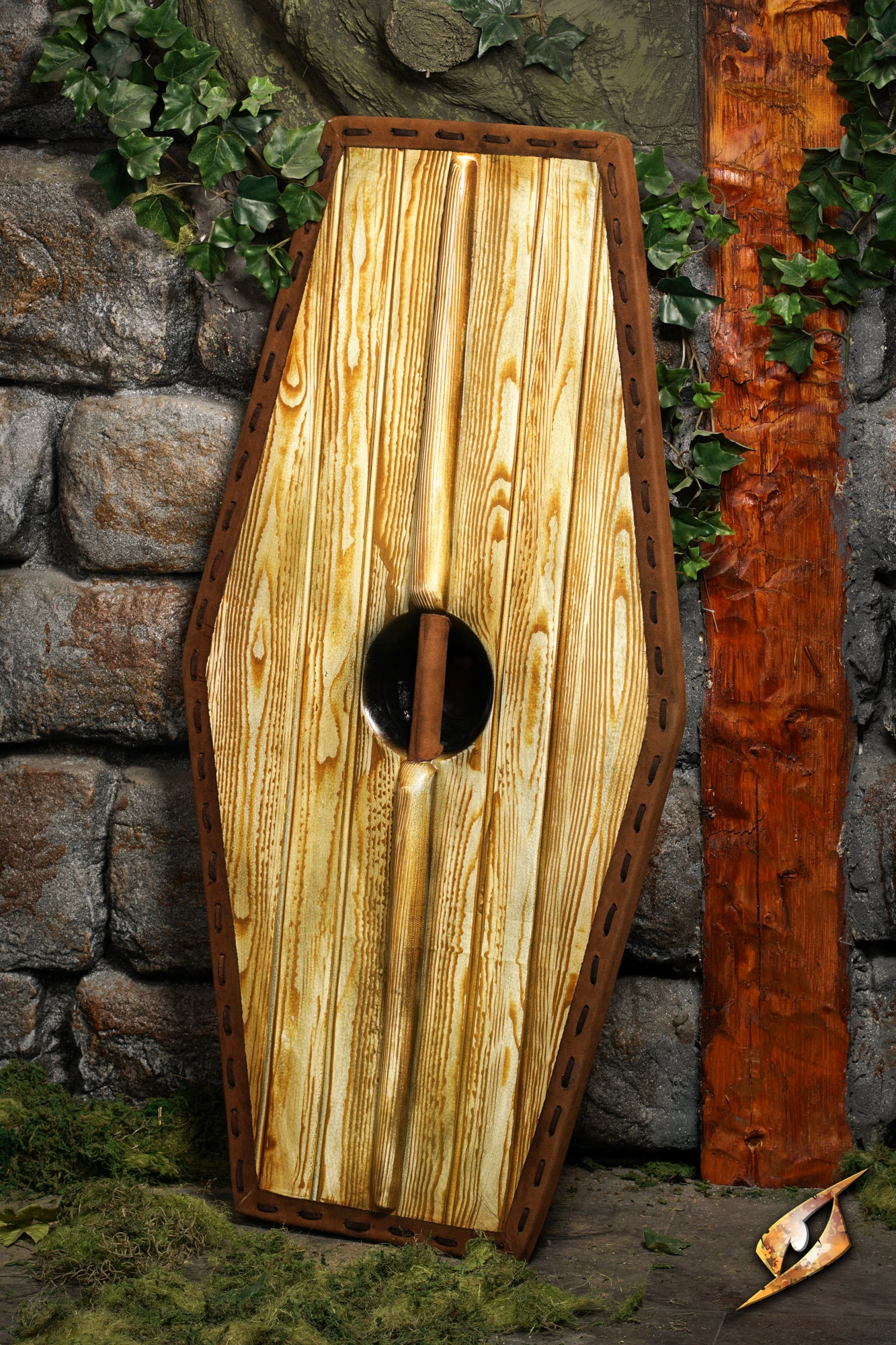 Germanic Shield with wood texture and round boss, set against a stone wall background.