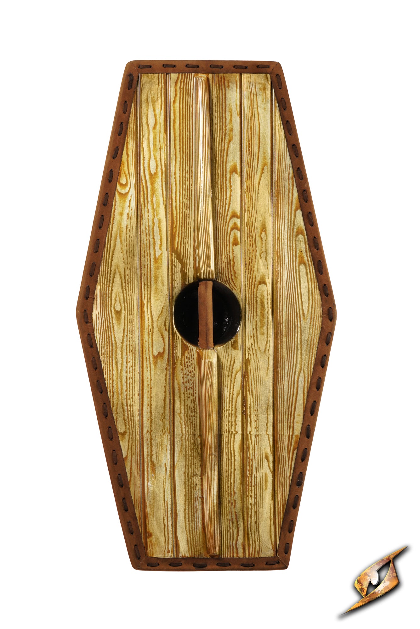Germanic Shield with a hexagonal shape and wooden grain finish, featuring a central black boss and brown leather edge.