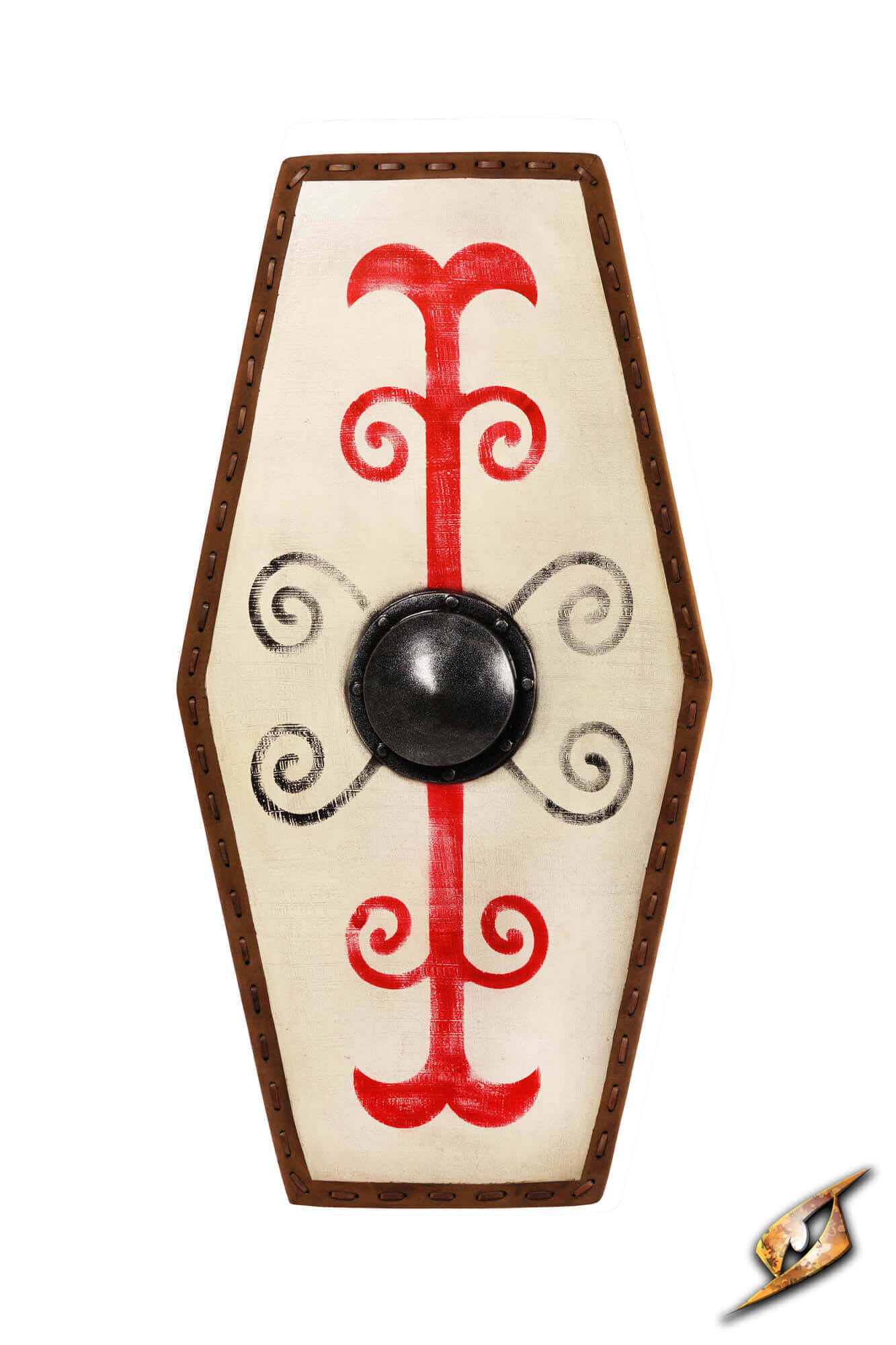 Germanic Shield featuring cream surface with red tribal markings and a black boss, perfect for historical reenactments.