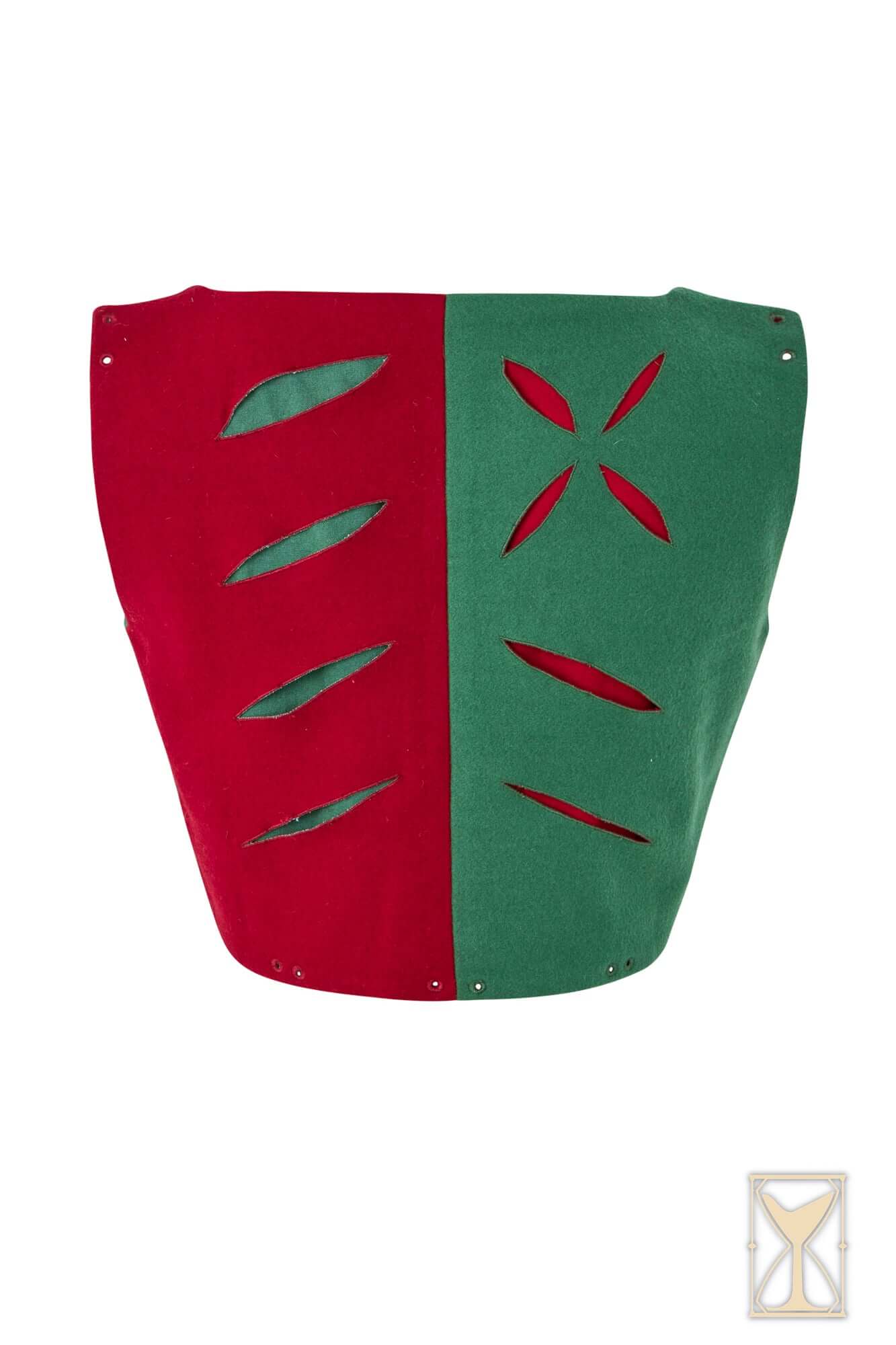Landsknecht Doublet featuring red and green fabric with distinctive puff and slash design.
