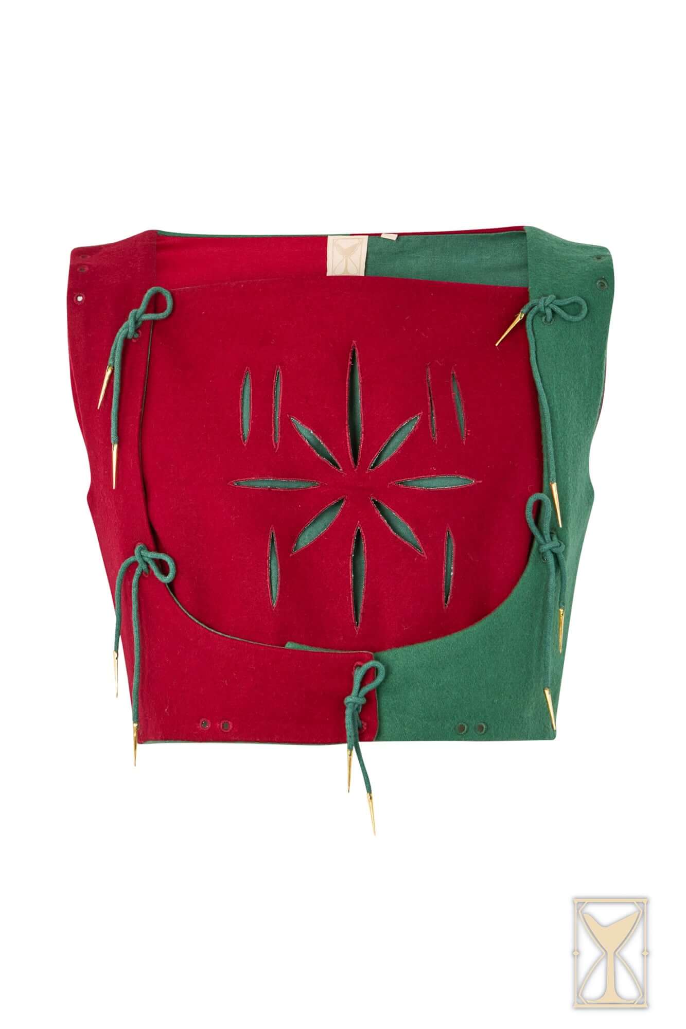 Landsknecht Doublet in red and green featuring classic puff and slash design, perfect for historical reenactments.