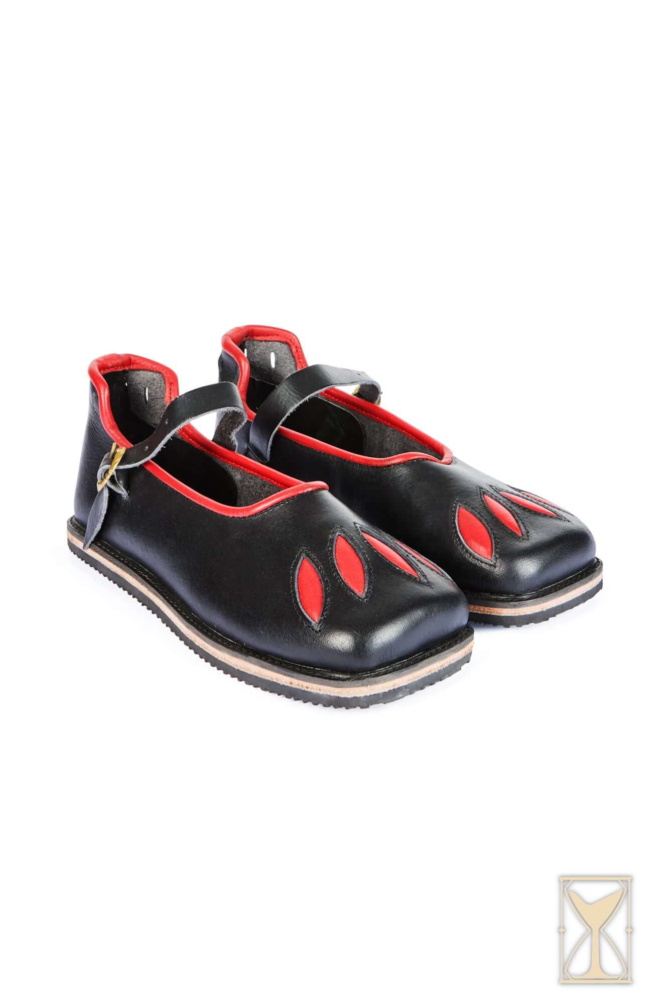 Rich Landsknecht Shoes featuring a black design with red accents and slashed details for a Renaissance look.