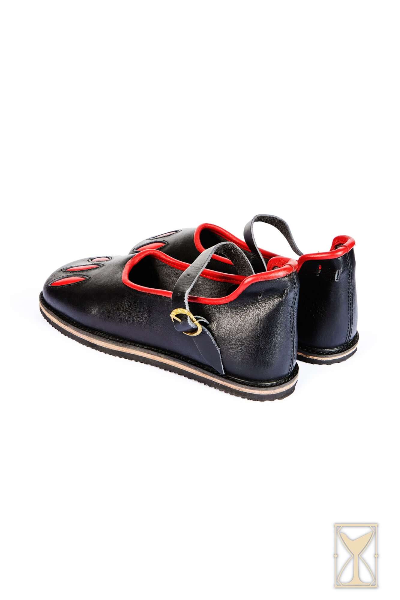 Rich Landsknecht Shoes featuring a distinctive wide, slashed design in black and red.