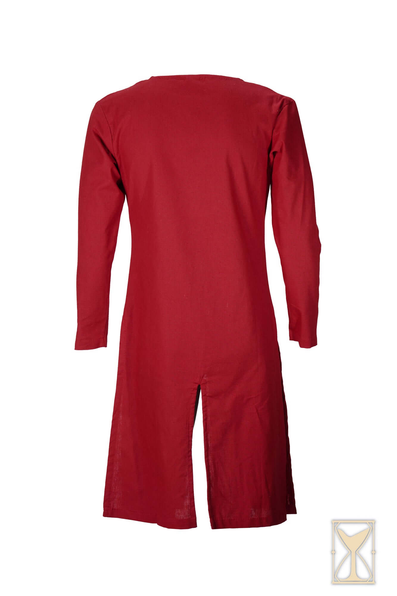 Back view of a Medieval Riding Tunic in red, featuring deep splits for enhanced movement.