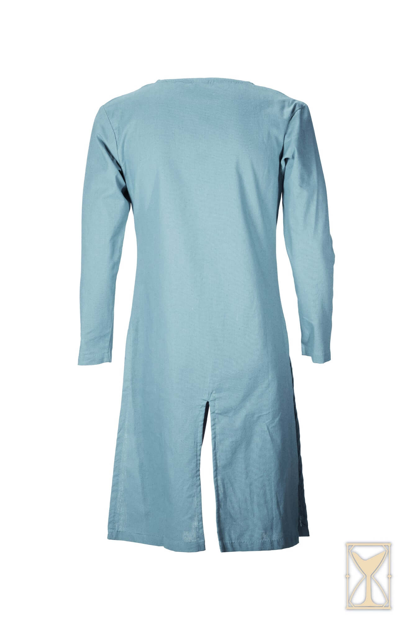 Medieval Riding Tunic in blue, showcasing the back view with deep splits for ease of movement.