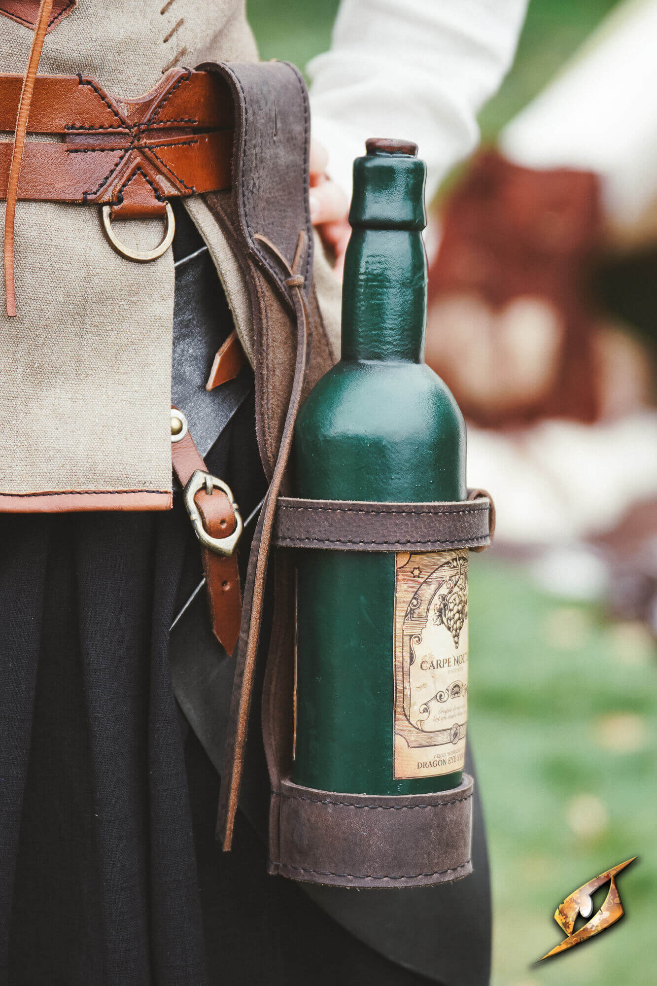 Bottle Holder - Dark Brown holding a green wine bottle, made from oily pull-up leather for durability.