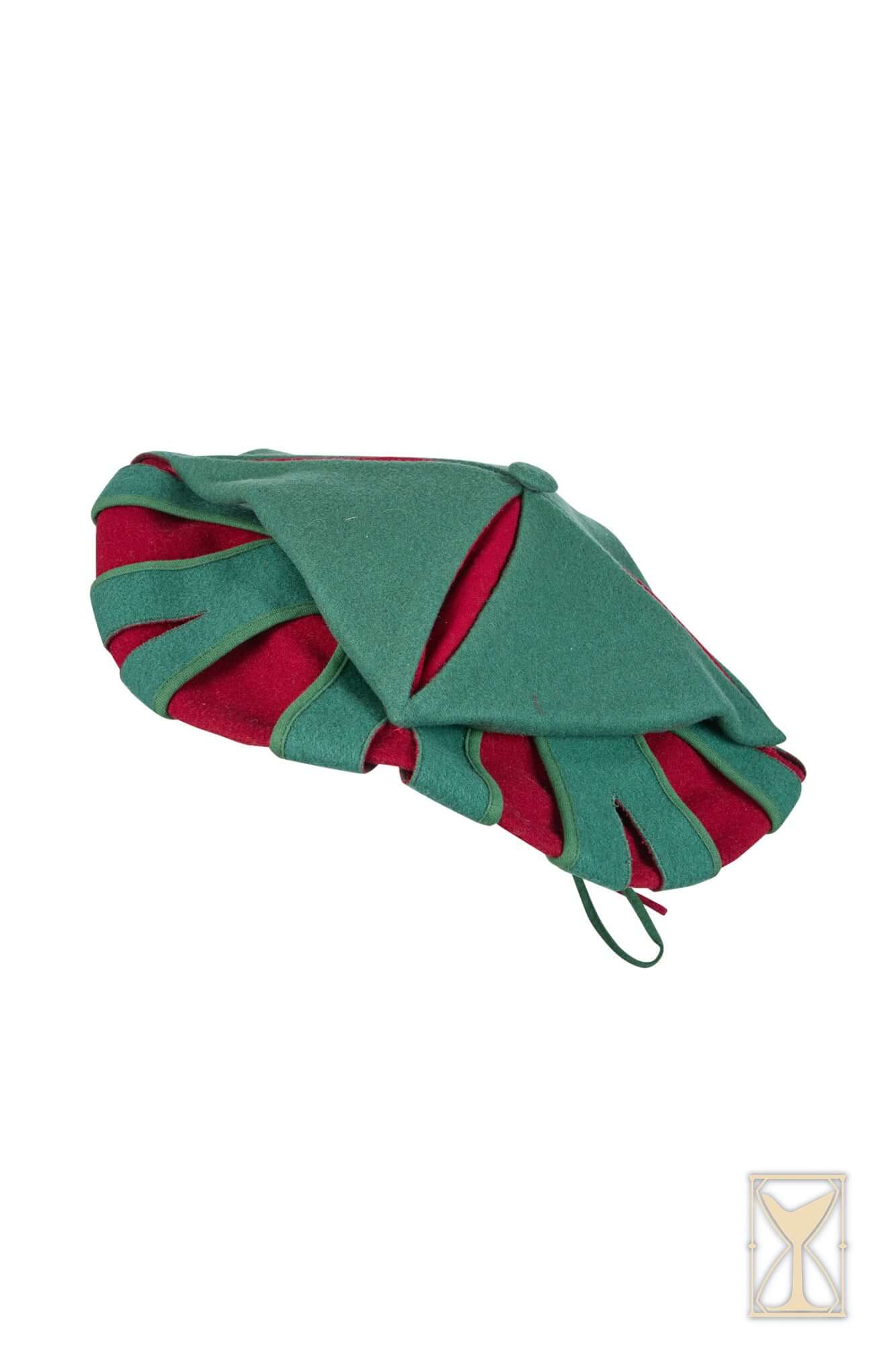 Landsknecht Hat featuring bold green and red layered design inspired by 16th-century German fashion.