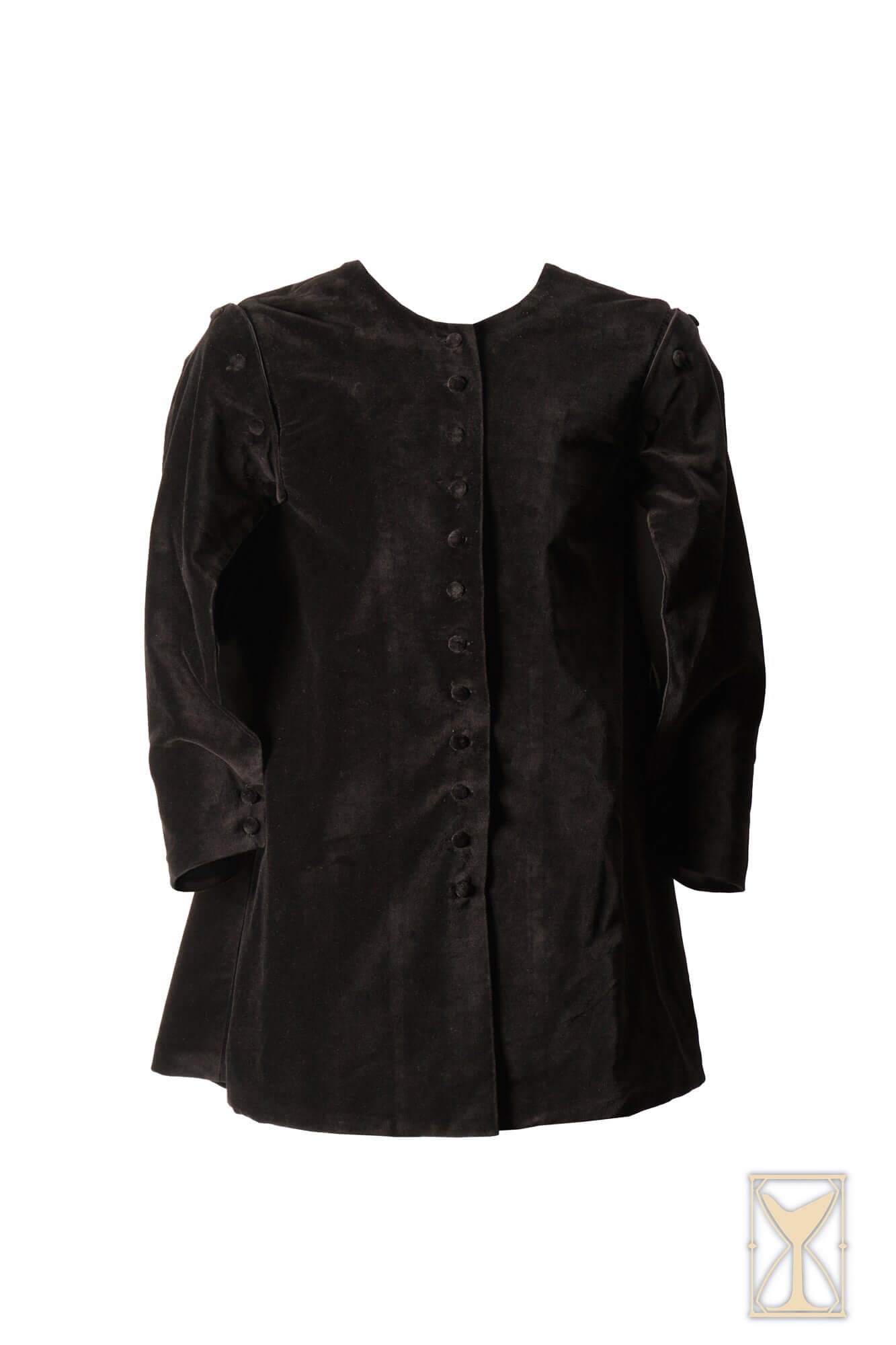 Velvet Surcoat in black, showcasing its rich texture and elegant design suitable for medieval and fantasy attire.
