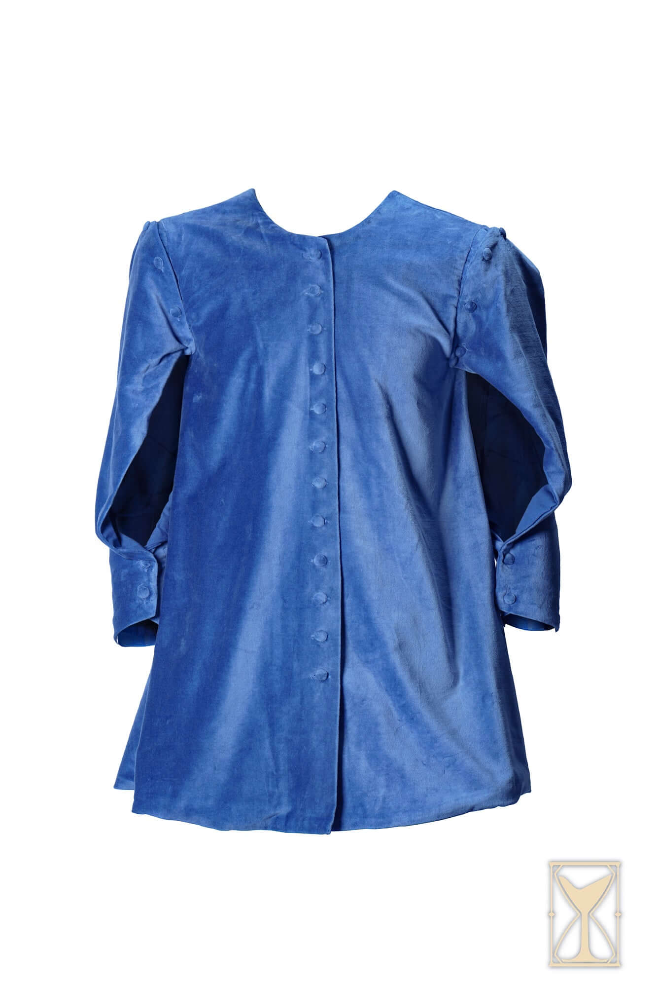 Velvet Surcoat in rich blue color, featuring button detail and long sleeves, ideal for medieval and fantasy costumes.