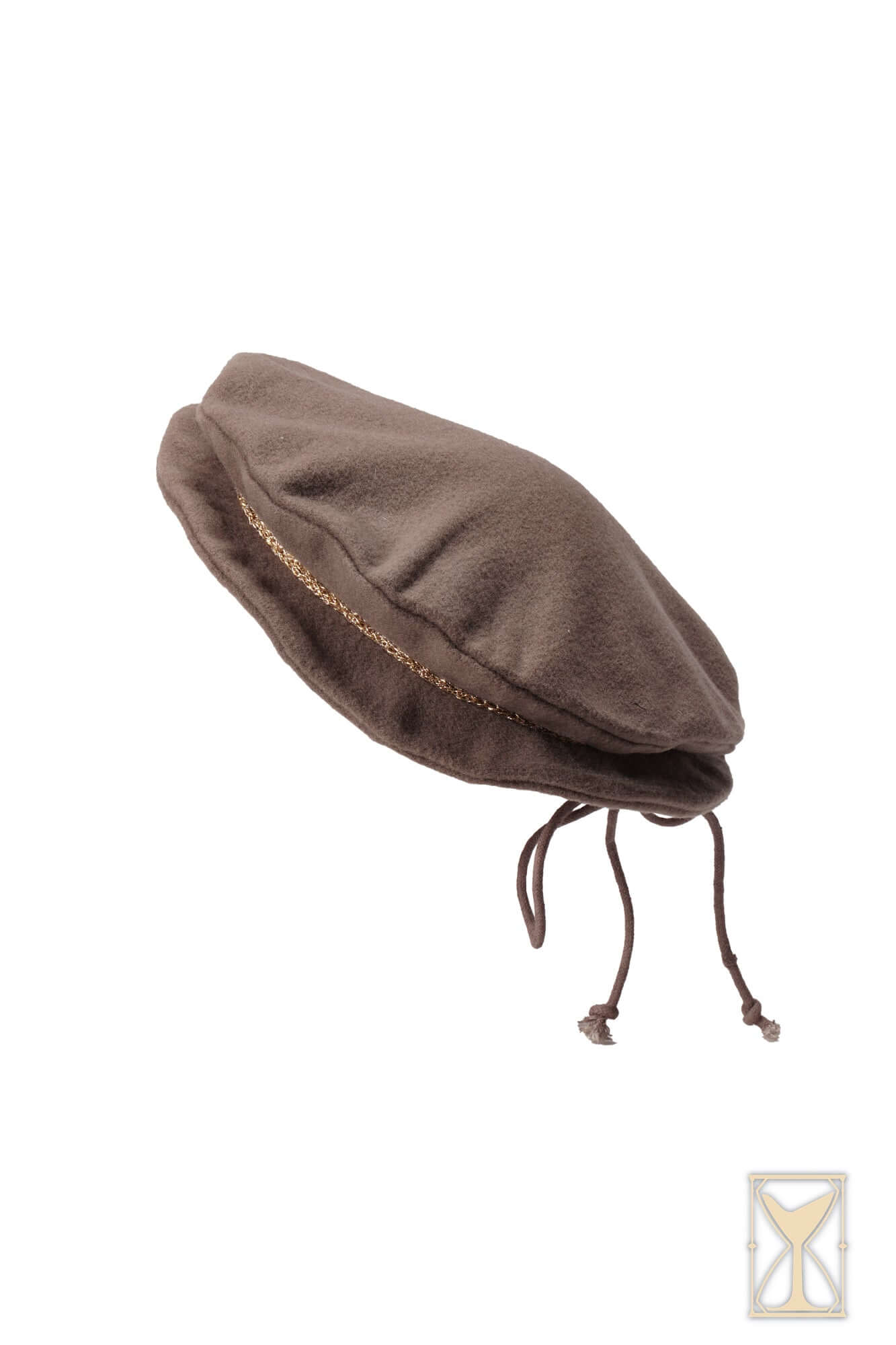 Flat Hat Edward displayed in brown fabric with decorative stitching and drawstrings.