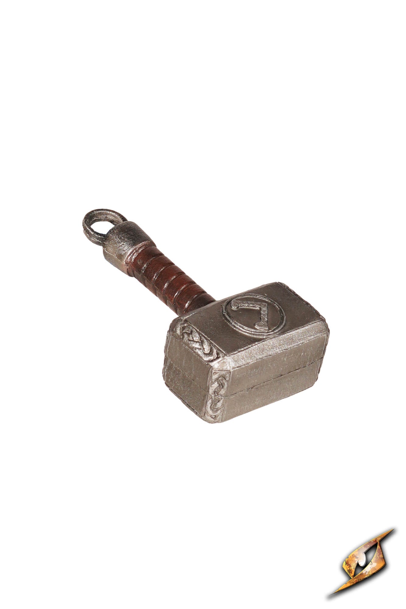A miniature replica of Thor's hammer, Mjolnir, featuring a metallic silver-gray head with a Norse symbol and a brown wrapped handle, set against a plain white background.