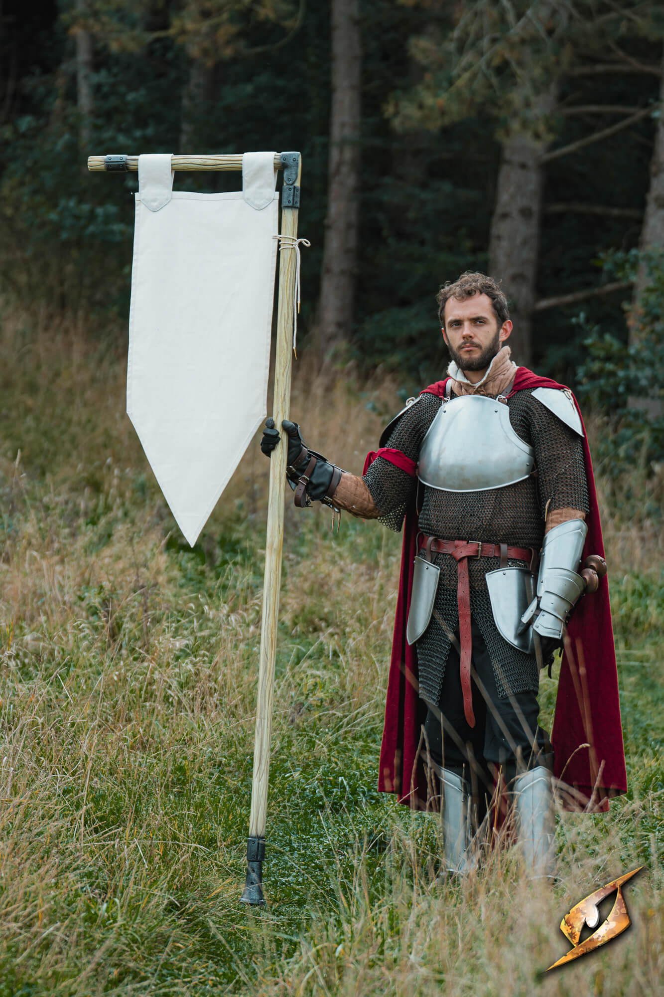 Complete Battle Standard Set - L-Top displayed by a knight in armor holding a banner in a forest clearing.