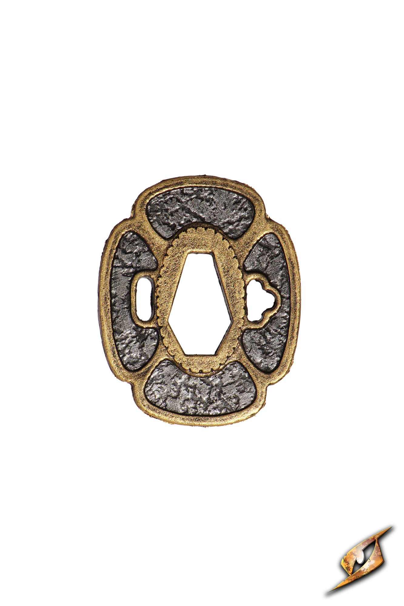 Mokko-gata Tsuba showcasing a classic four-lobed design with a blend of gold and textured black finishes.