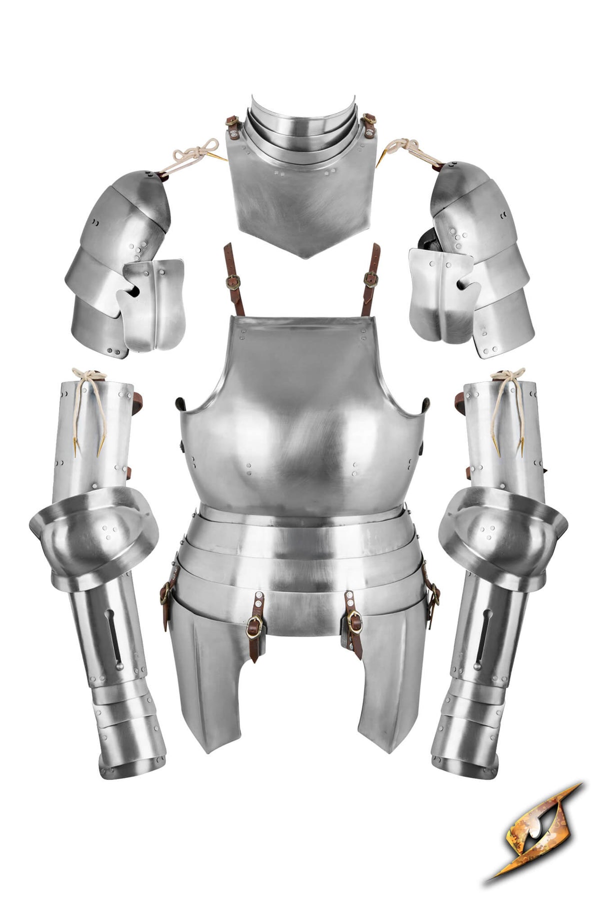 A medieval-style steel plate armor set displayed flat against a white background, including a breastplate, neck guard, pauldrons, gauntlets, and vamaces with leather straps.