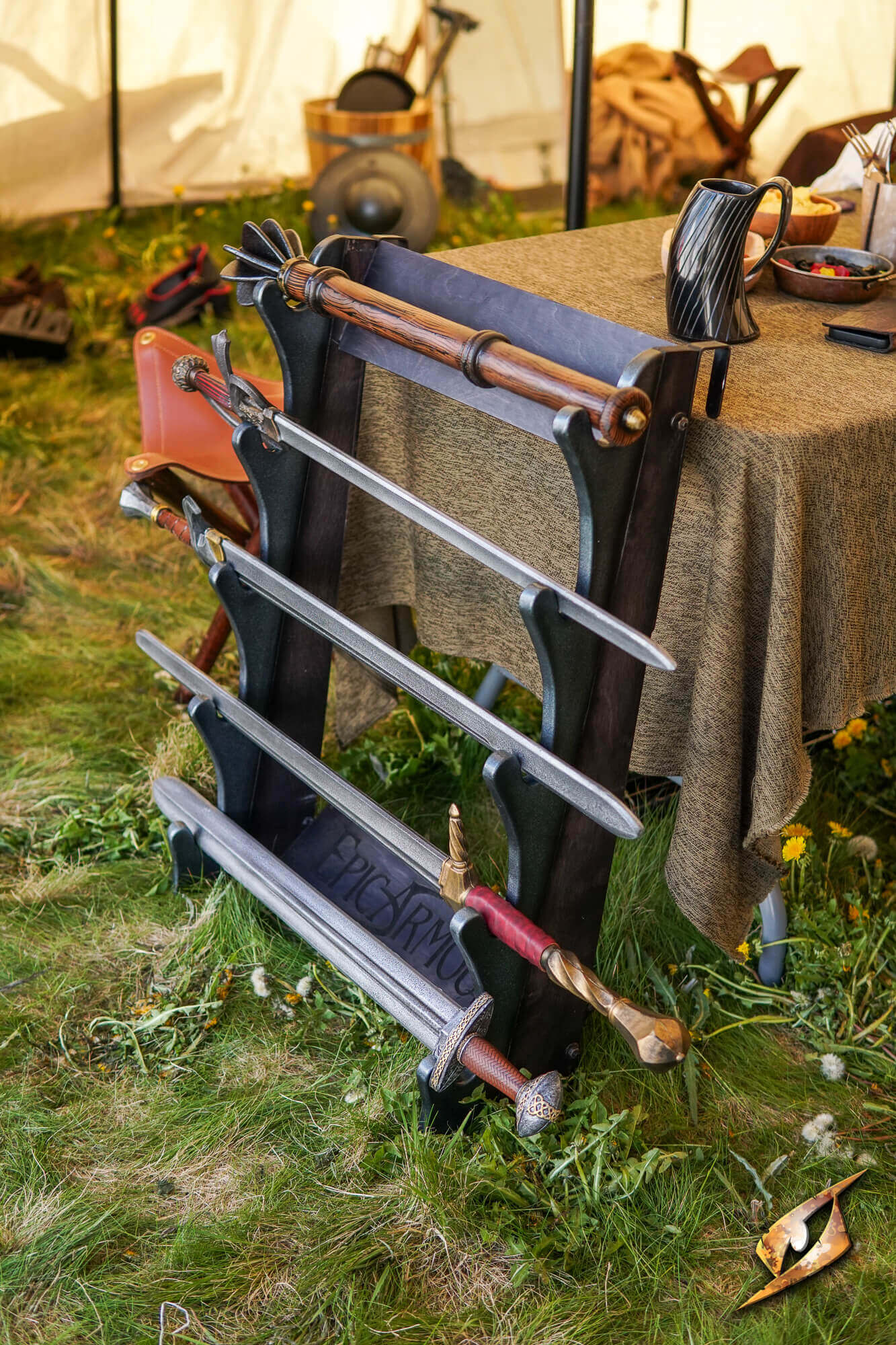 Display - Sword Wall Racking 5 slots showcasing swords in a vertical layout, perfect for home and events.