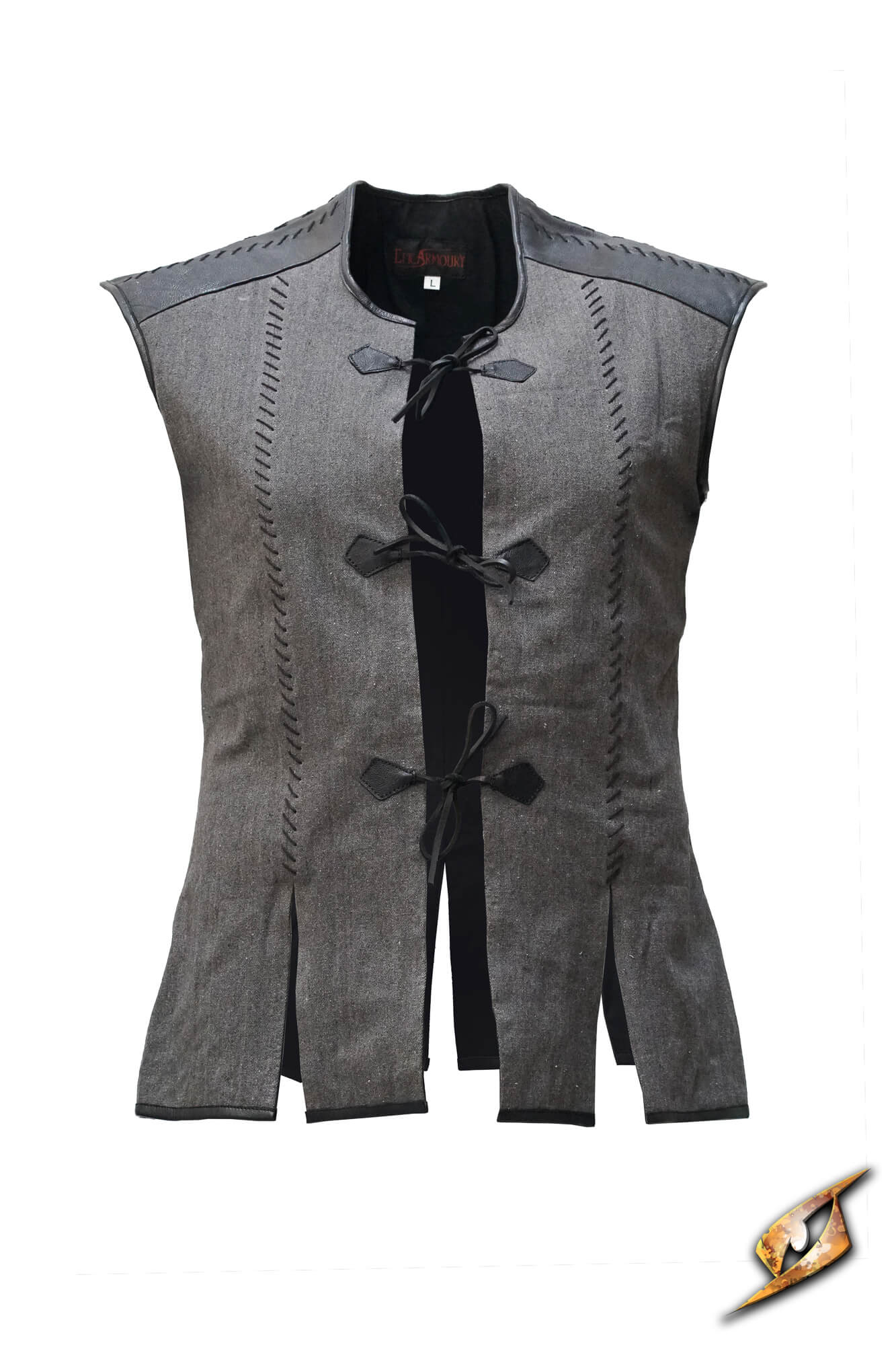 Rugged Canvas Jerkin showcasing sleeveless design with leather accents and decorative stitching.