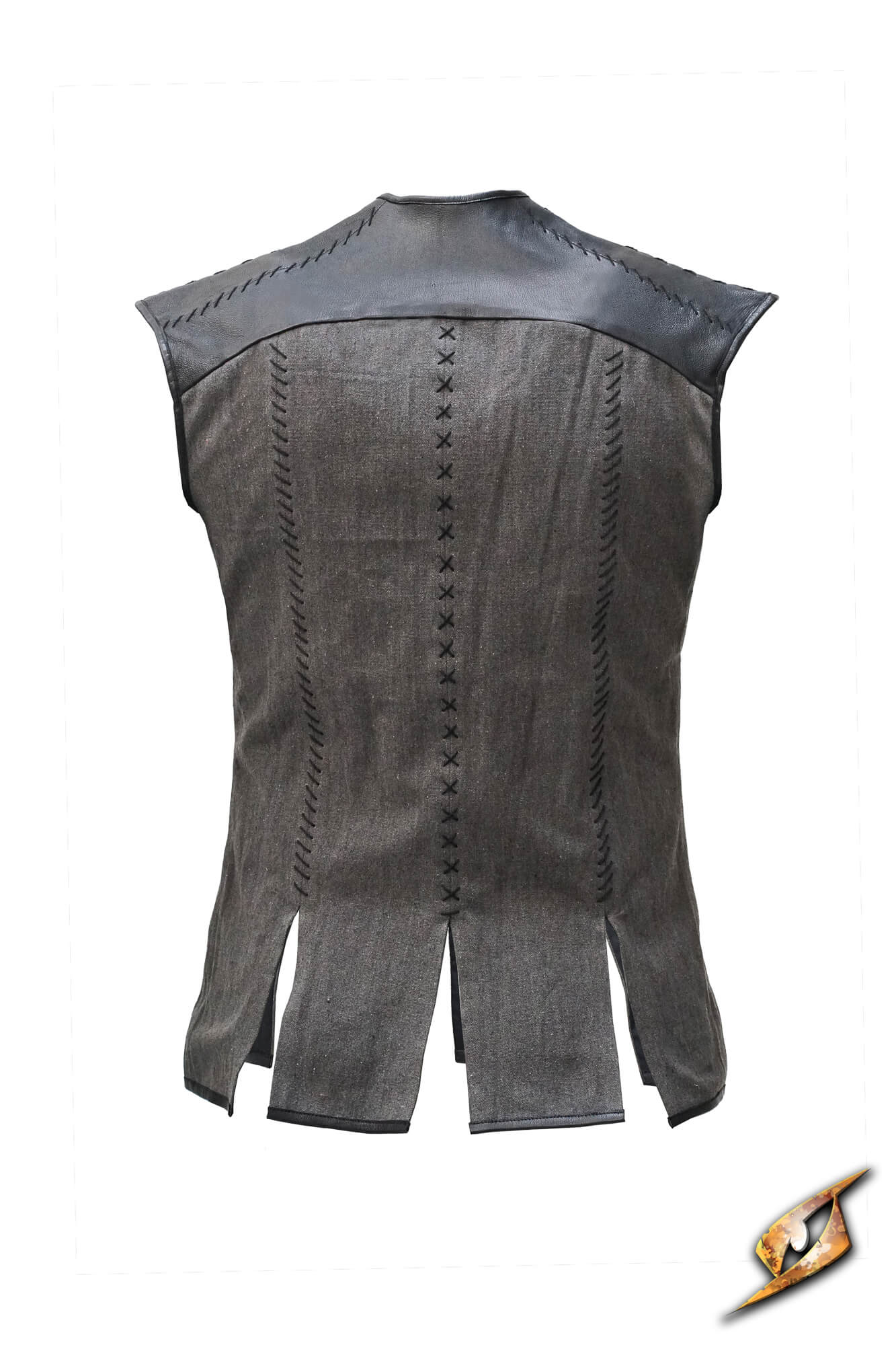Back view of the Rugged Canvas Jerkin featuring leather shoulder reinforcement and decorative stitching.