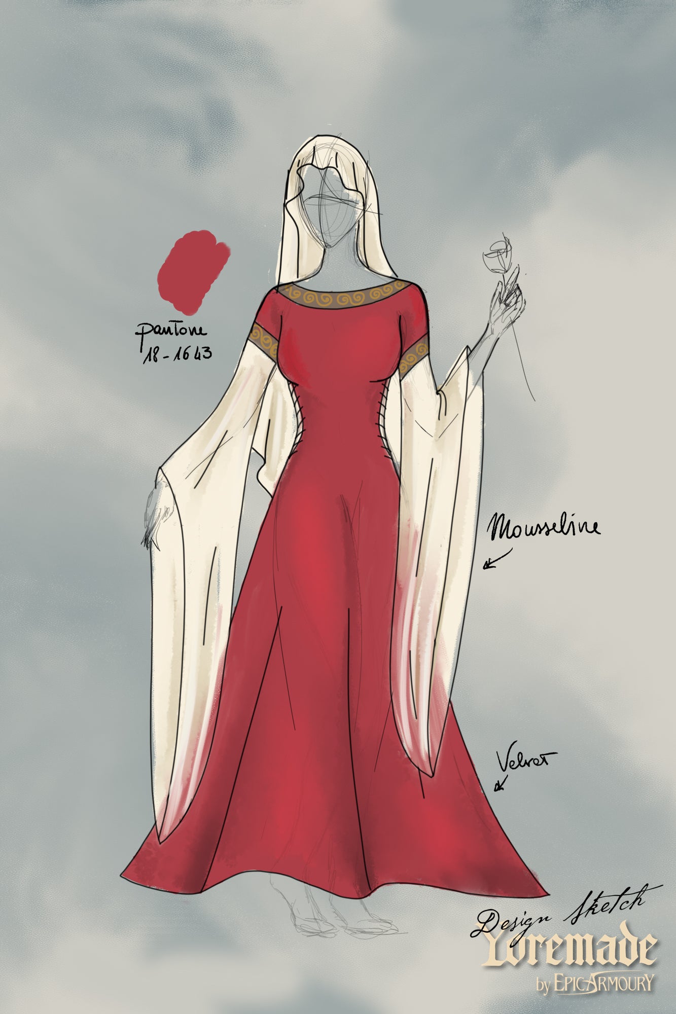Illustration of the Bliaut Noble dress featuring long sleeves and velvet fabric, embodying 12th-century fashion.