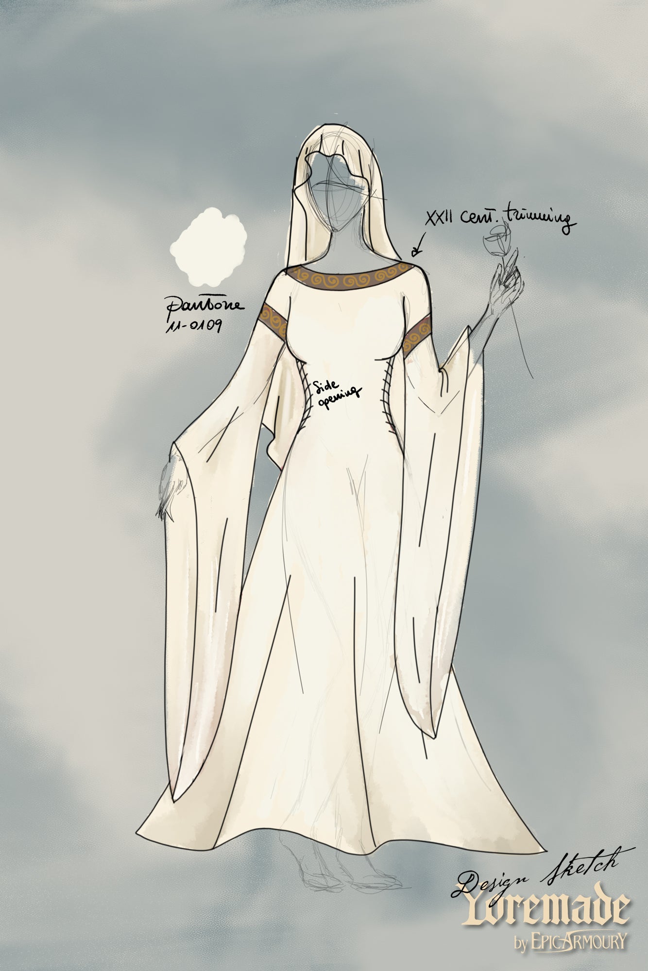 Sketch of a Bliaut Noble design with long sleeves and XII century trimming, showcasing medieval fashion.