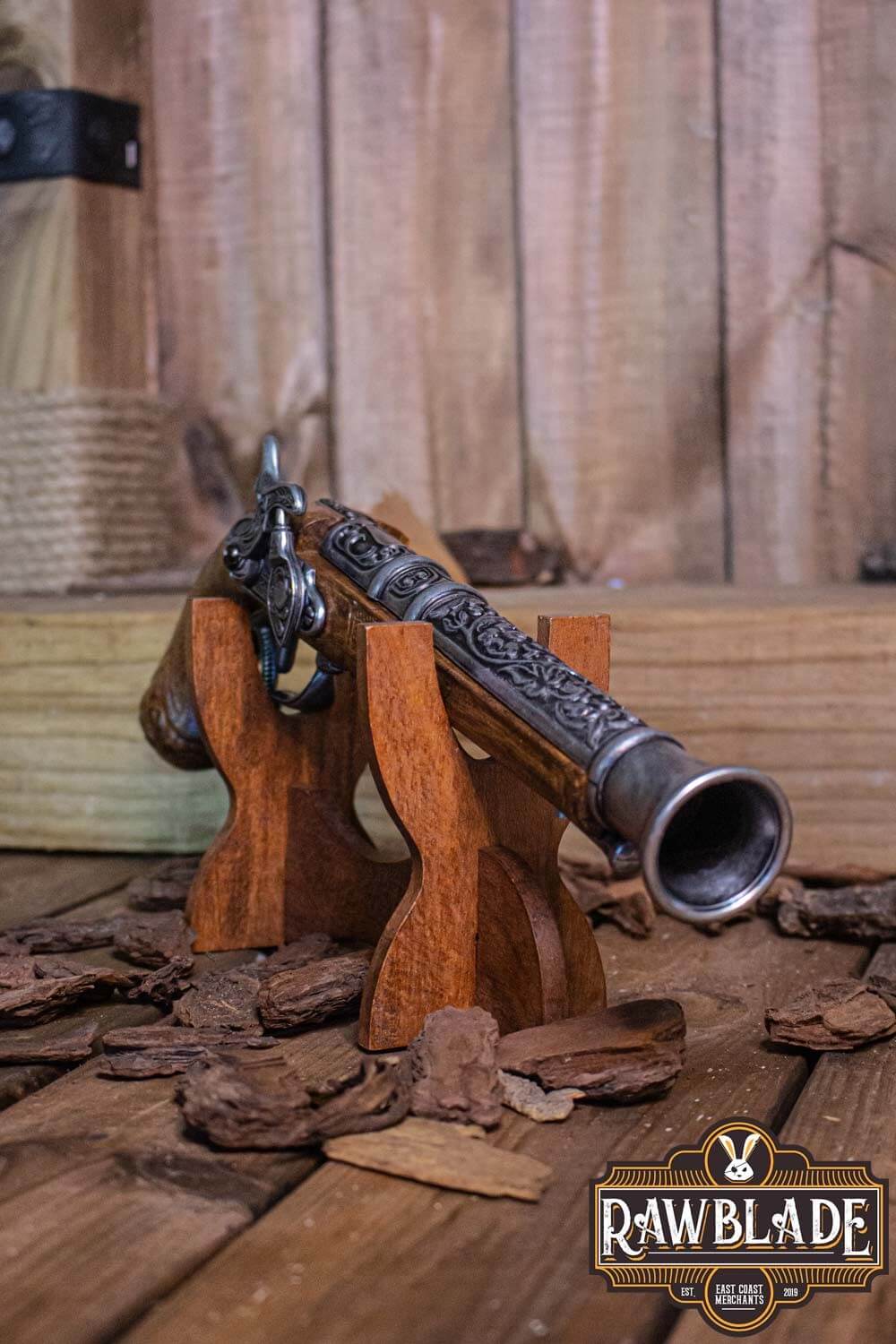 Thunder Gun displayed on a wooden stand, highlighting its detailed design and robust craftsmanship.