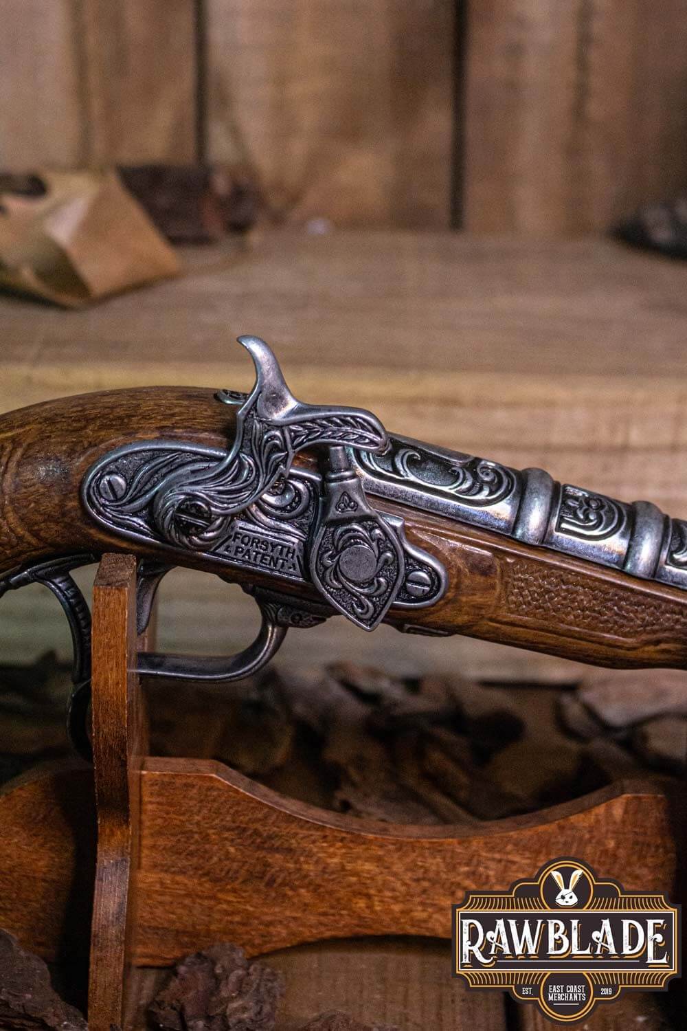Close-up of the Thunder Gun from Rawblade, showcasing intricate metal details and a wooden grip.