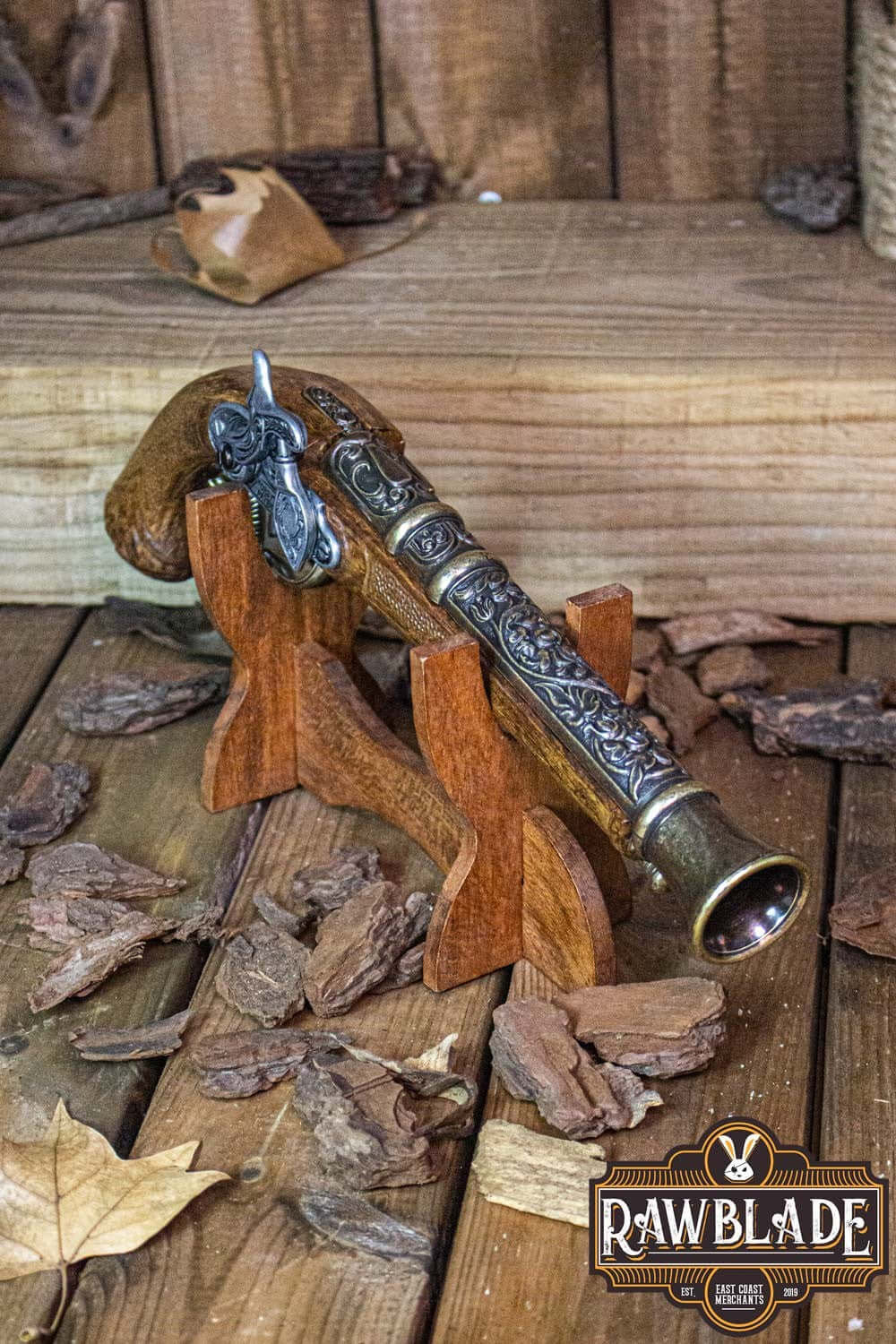 Thunder Gun displayed on a wooden stand, showcasing its intricate design and robust construction.