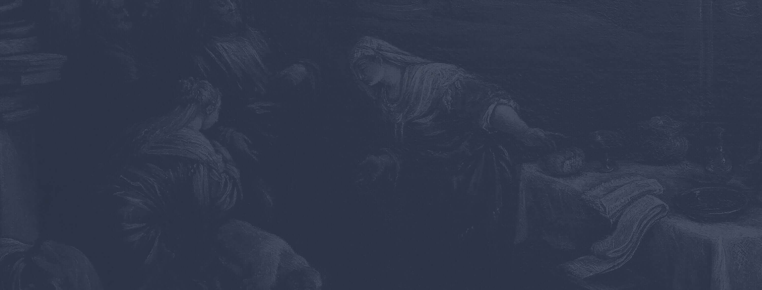 Renaissance artwork of people in period attire, dark blue, for Yoremade banner