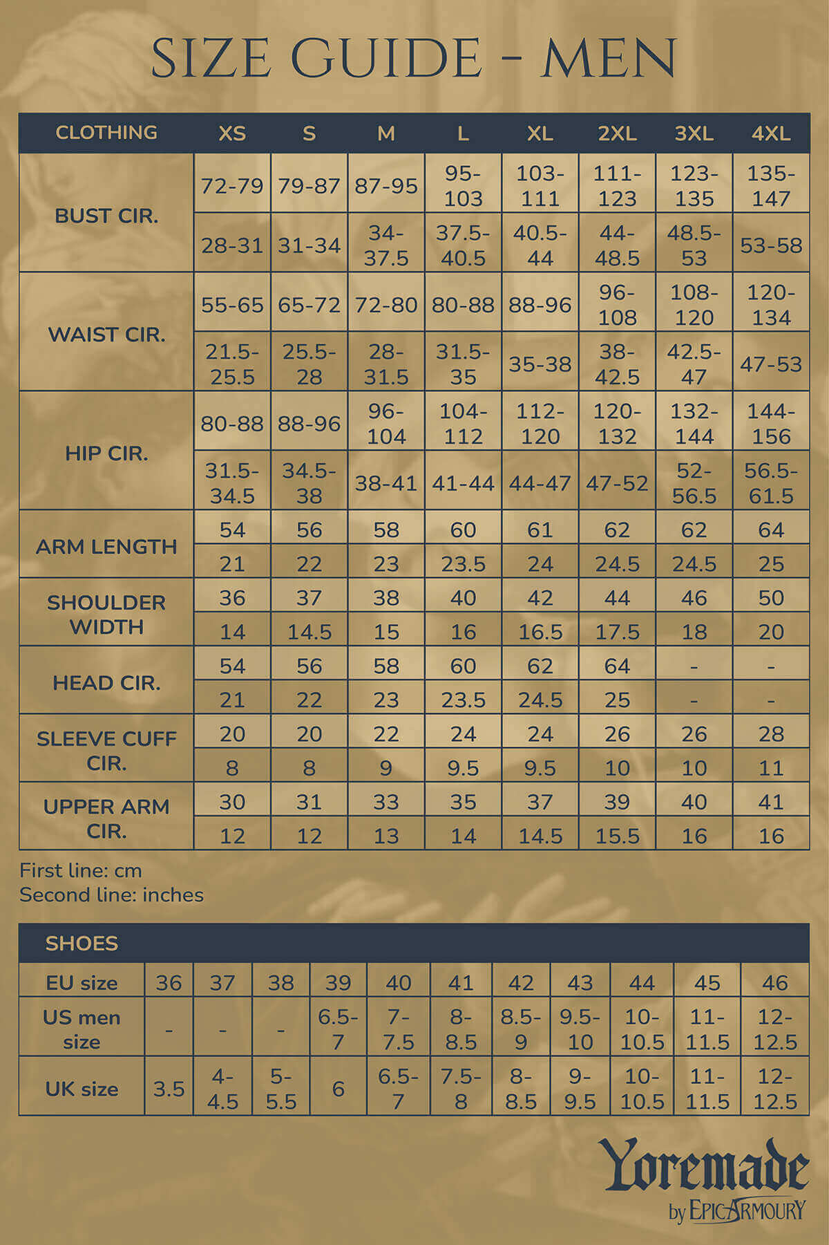 Yoremade men's clothing and shoe size guide in centimeters and inches