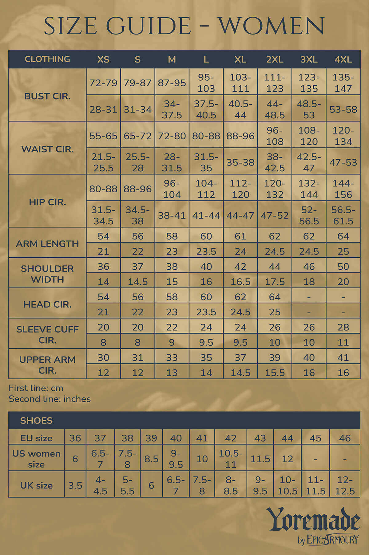 Yoremade women's clothing and shoe size guide in cm and inches