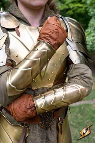 Close-up of a person in detailed golden armor and brown leather gloves, showcasing intricate costume design.