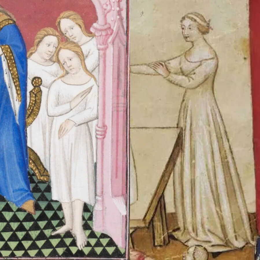 Medieval manuscript illustrations of women wearing a chemise, showing historical clothing inspiration.