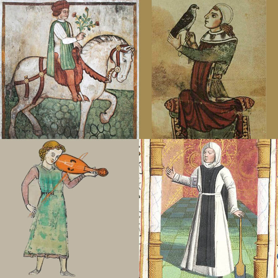 Medieval art showcasing Cyclas Bernard historical inspiration from 12th-15th century illustrations.