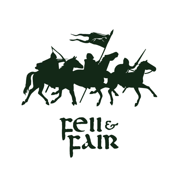 Silhouette of knights on horseback with a flag, representing a medieval theme for the event 'Fell & Fair'.
